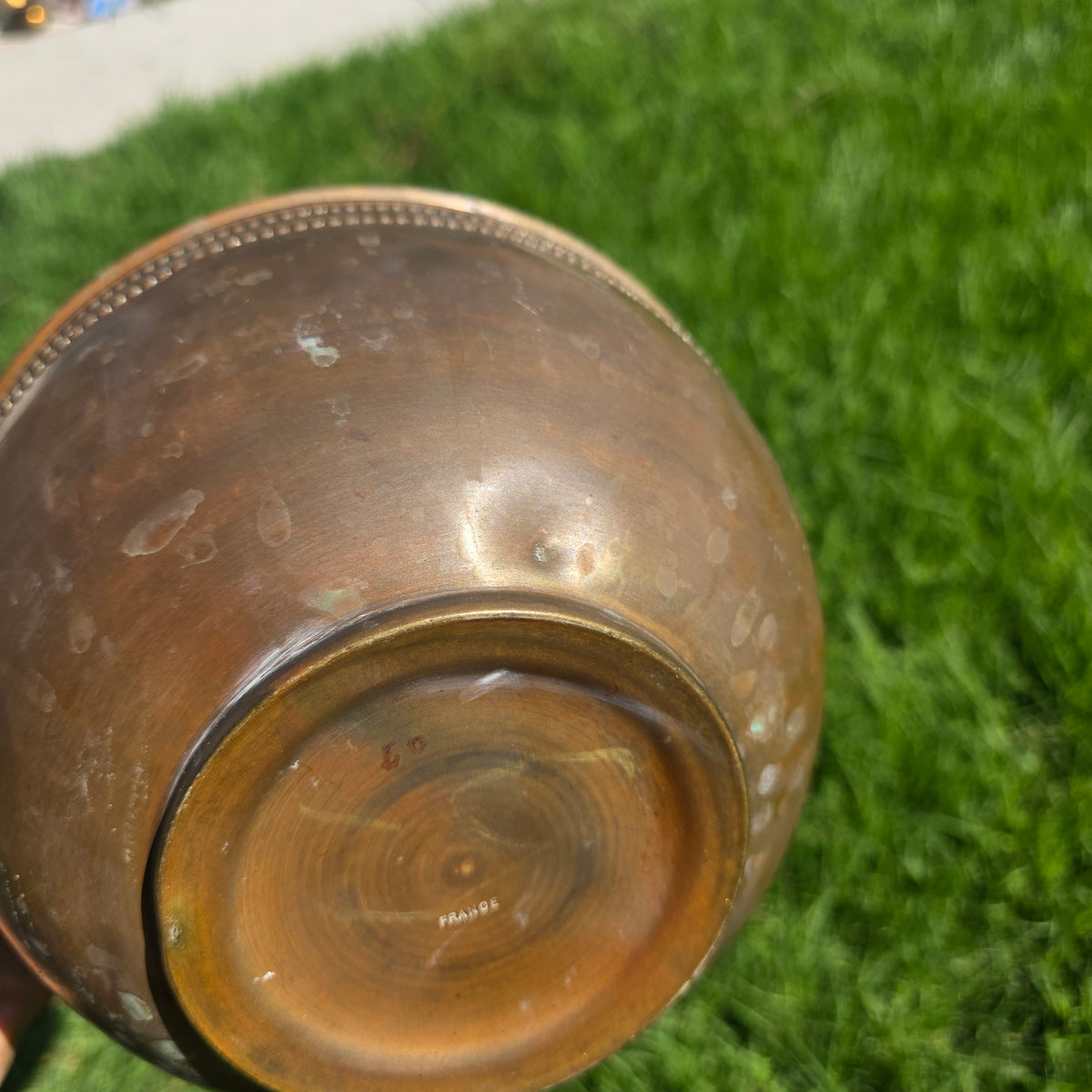 Vintage French Brass Cachepot Beaded Planter Bowl Jardiniere France Pot 9"