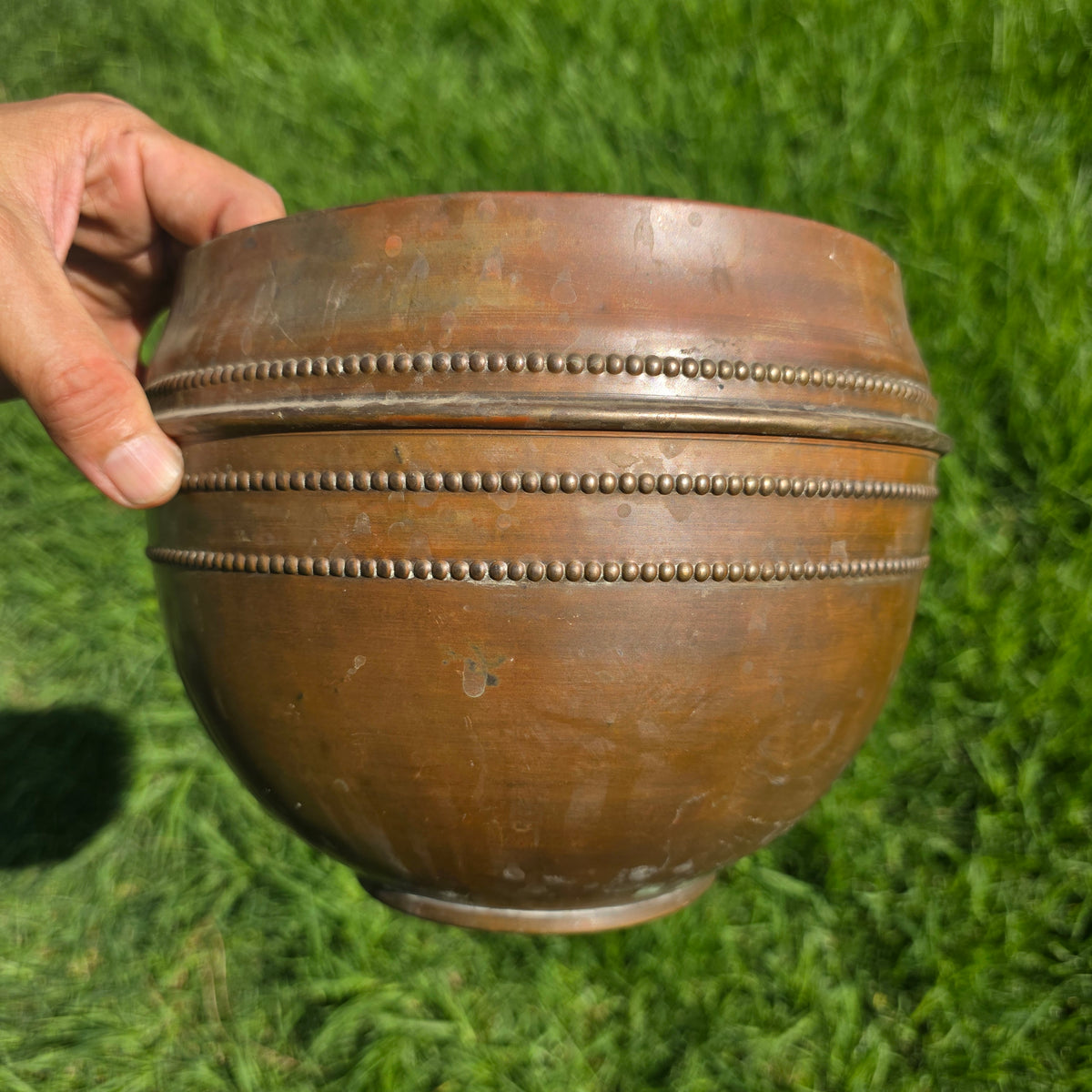 Vintage French Brass Cachepot Beaded Planter Bowl Jardiniere France Pot 9"