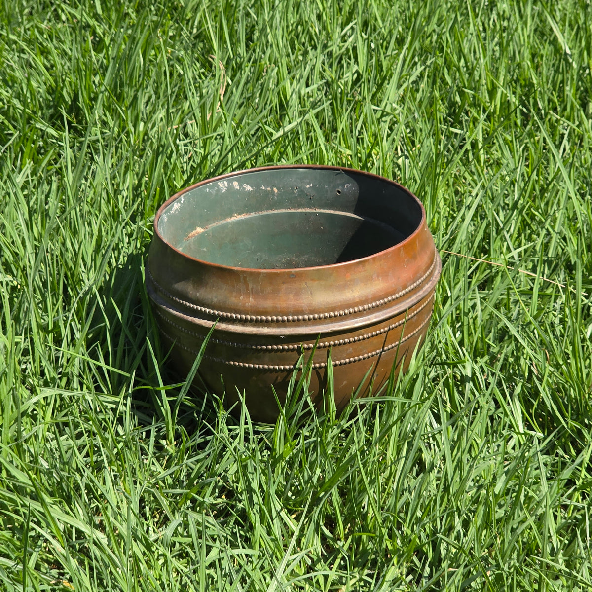 Vintage French Brass Cachepot Beaded Planter Bowl Jardiniere France Pot 9"