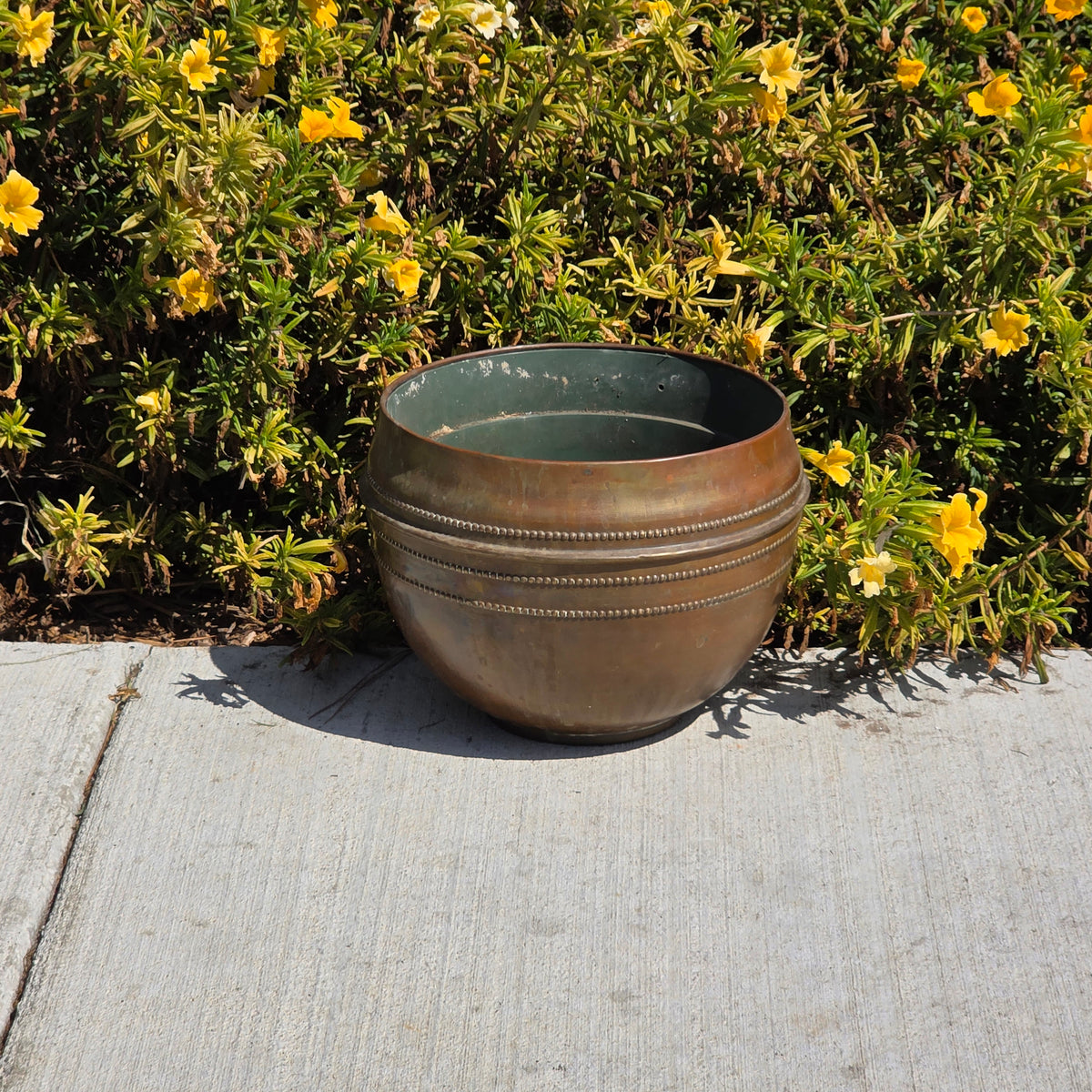 Vintage French Brass Cachepot Beaded Planter Bowl Jardiniere France Pot 9"