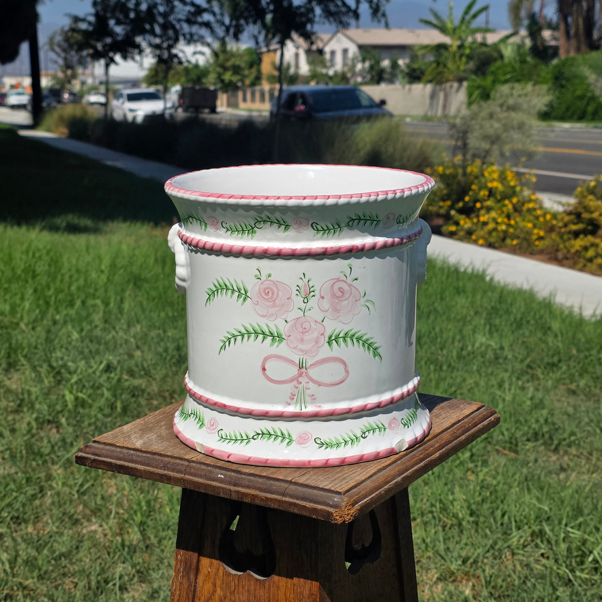 Porta Portugal Hand Painted Ceramic Planter Rose Cachepot Pink Bow Vintage 1378