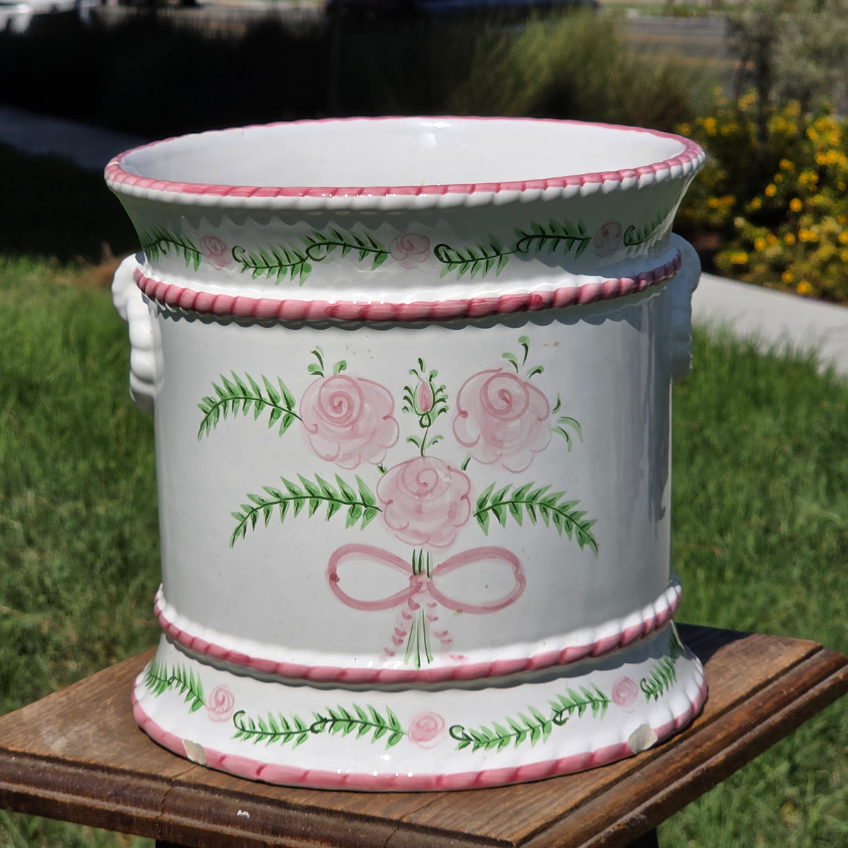 Porta Portugal Hand Painted Ceramic Planter Rose Cachepot Pink Bow Vintage 1378