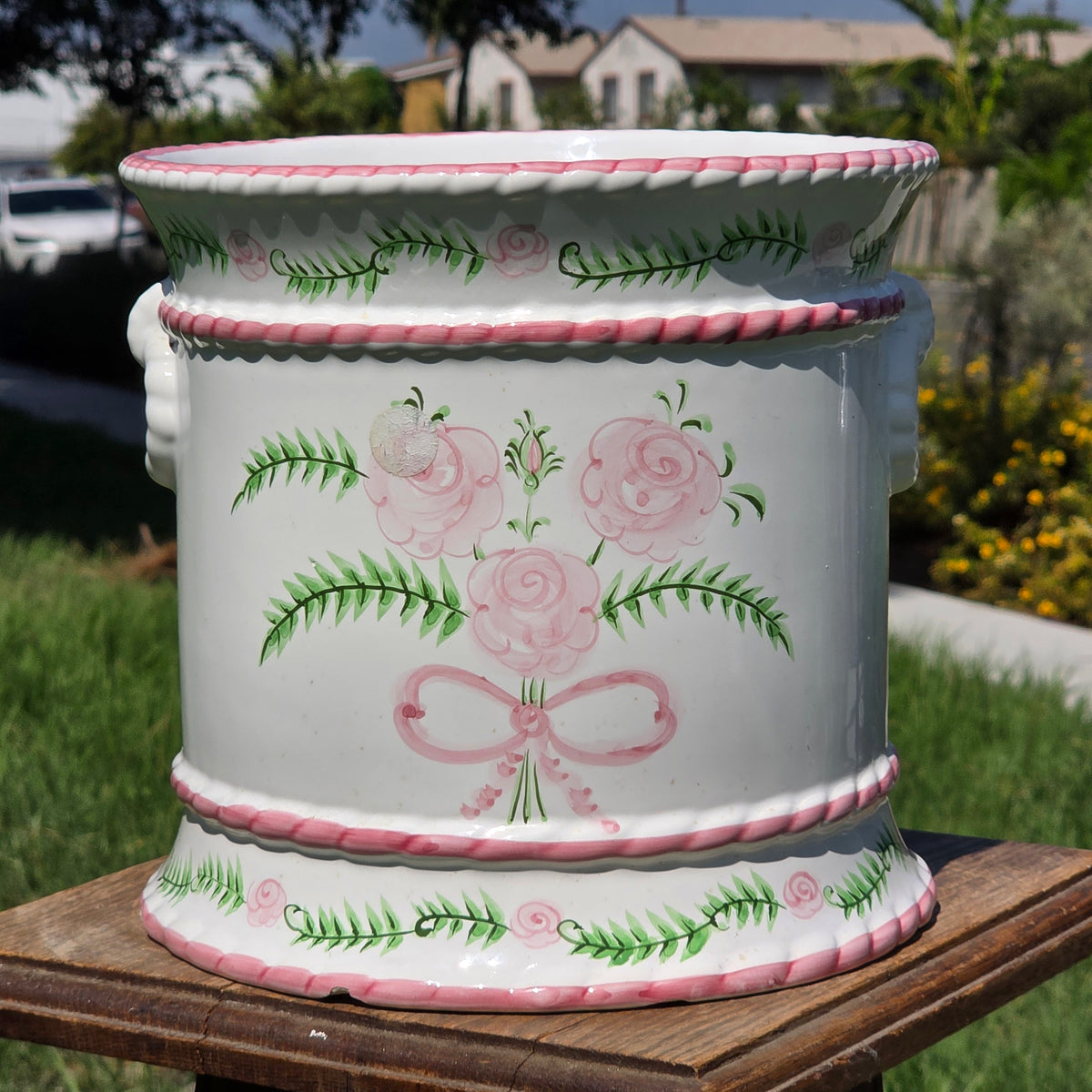Porta Portugal Hand Painted Ceramic Planter Rose Cachepot Pink Bow Vintage 1378