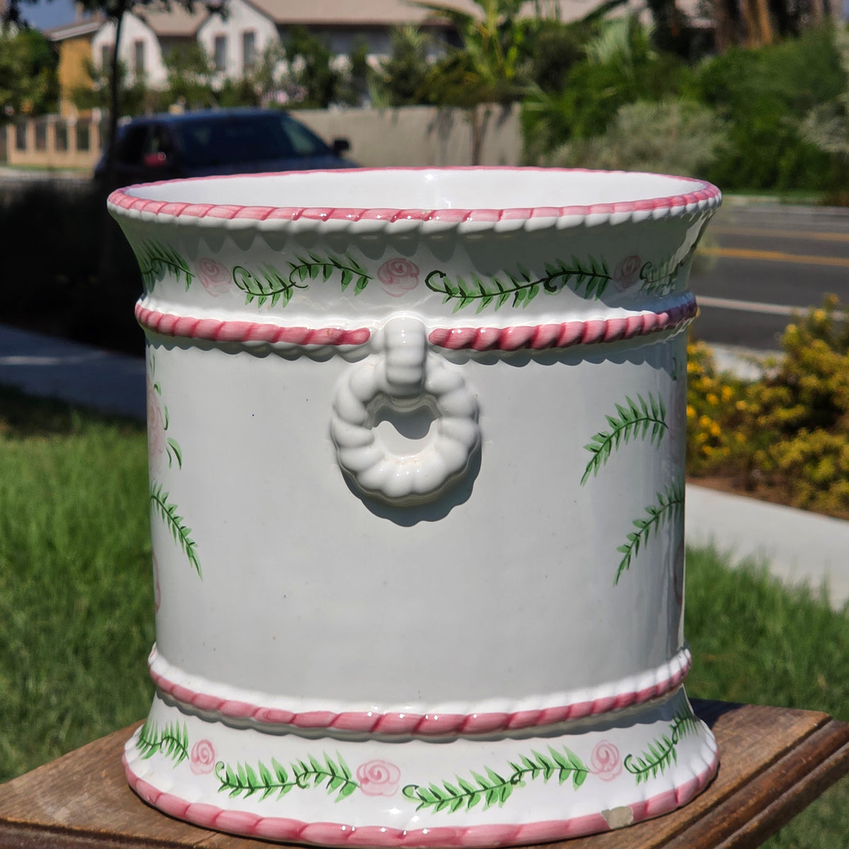 Porta Portugal Hand Painted Ceramic Planter Rose Cachepot Pink Bow Vintage 1378
