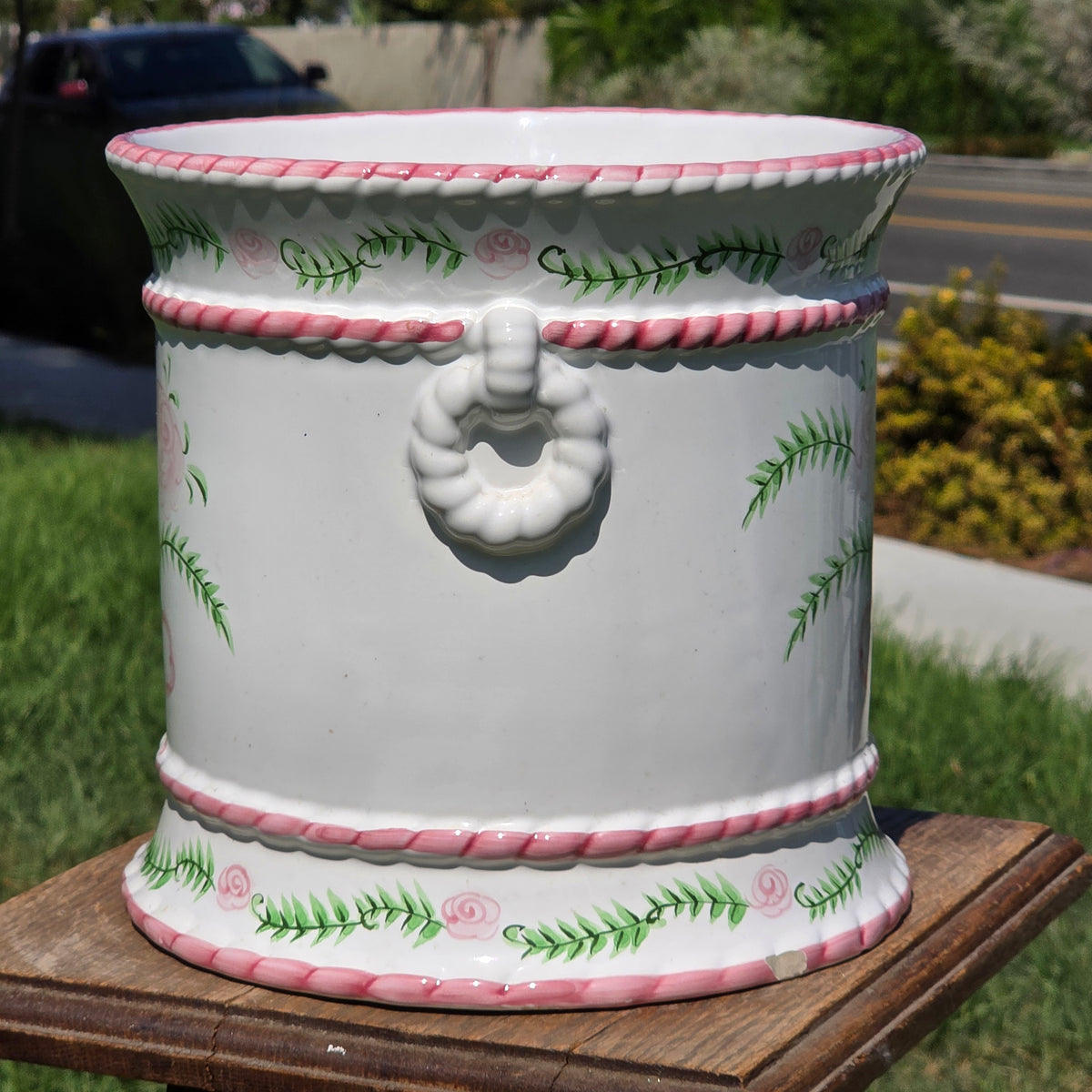Porta Portugal Hand Painted Ceramic Planter Rose Cachepot Pink Bow Vintage 1378