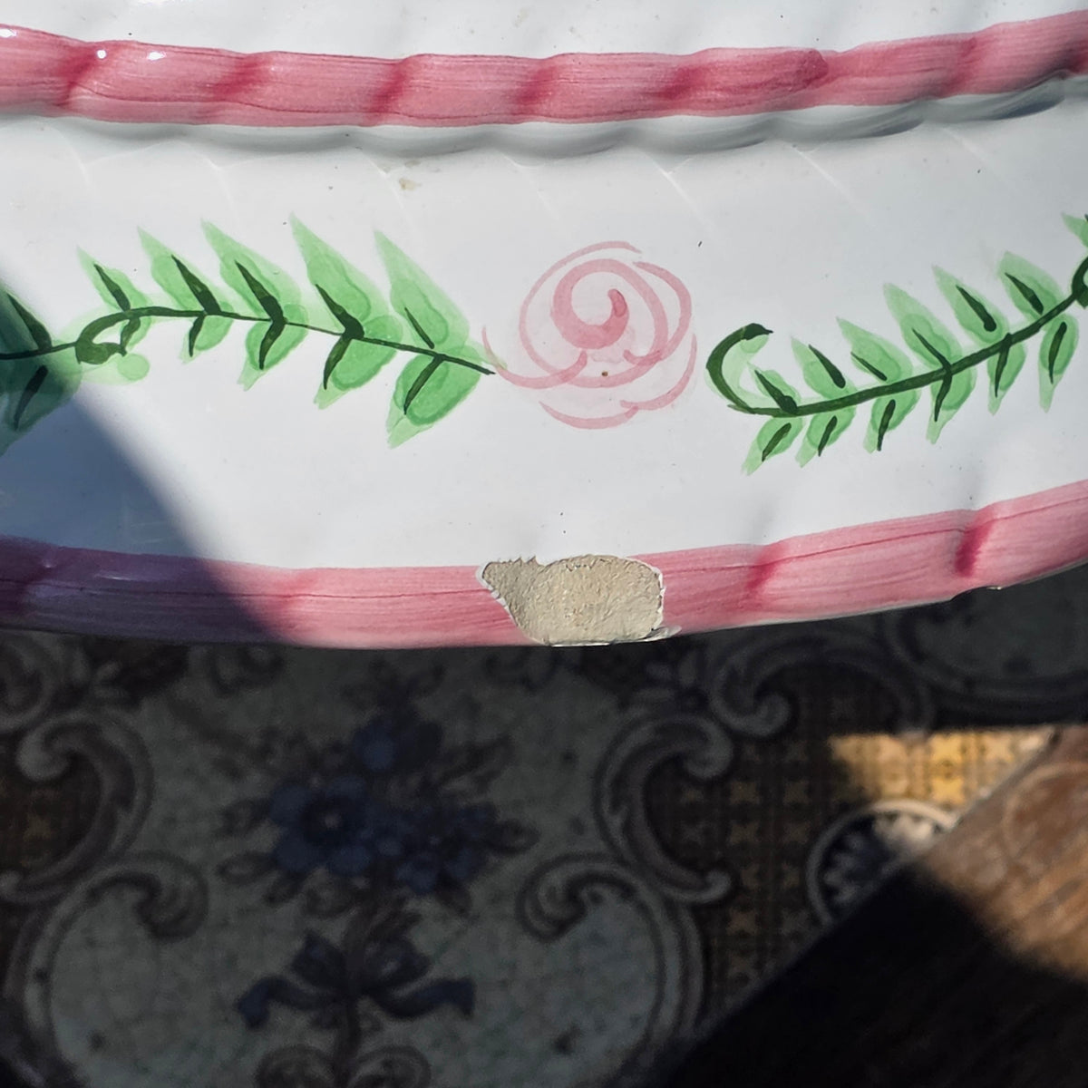 Porta Portugal Hand Painted Ceramic Planter Rose Cachepot Pink Bow Vintage 1378