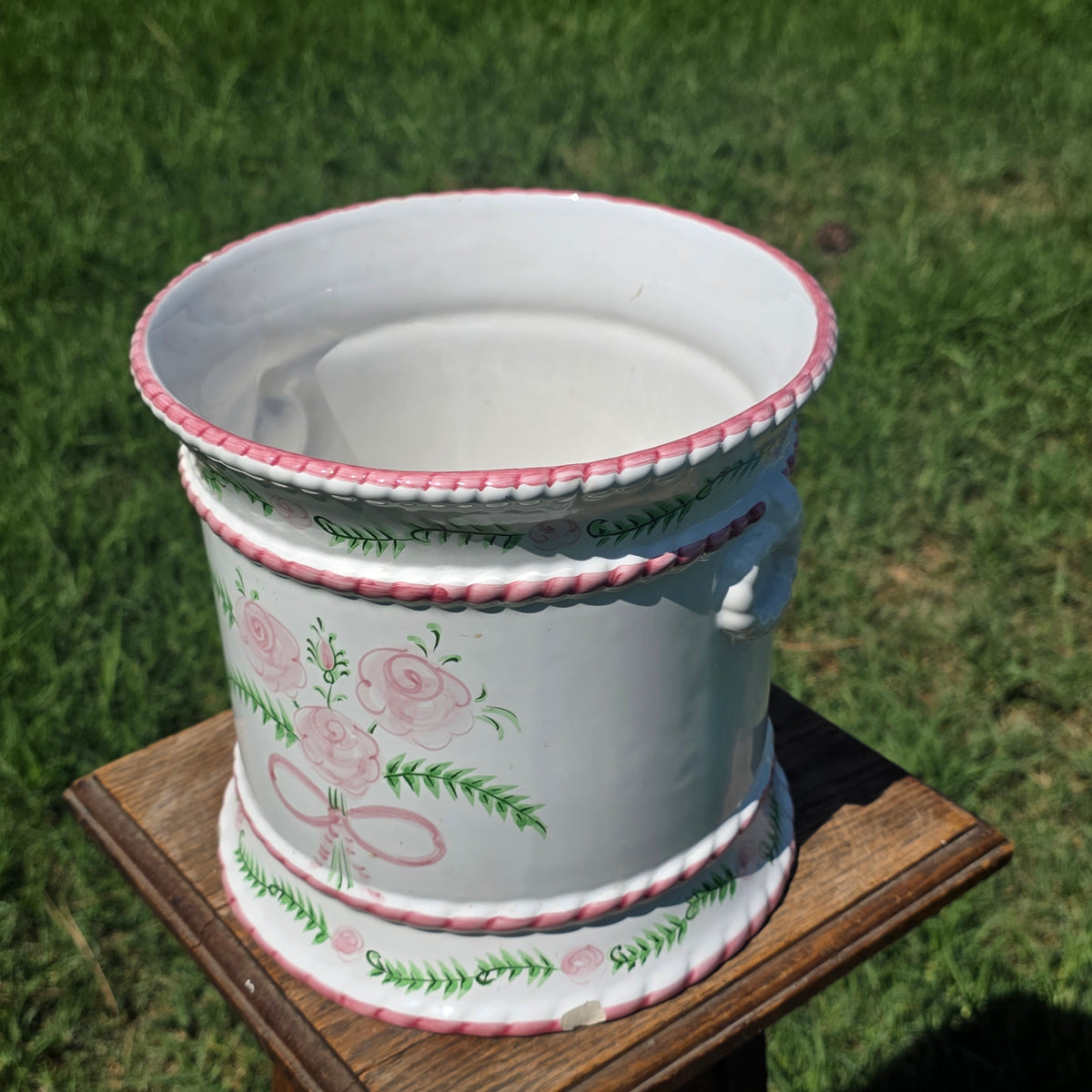 Porta Portugal Hand Painted Ceramic Planter Rose Cachepot Pink Bow Vintage 1378