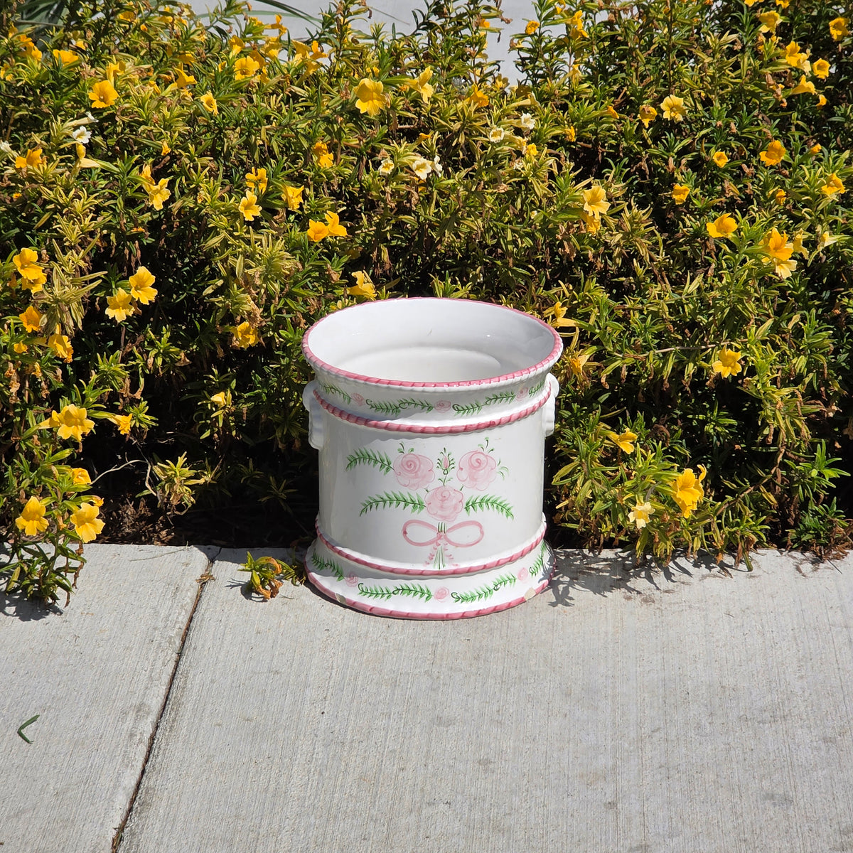 Porta Portugal Hand Painted Ceramic Planter Rose Cachepot Pink Bow Vintage 1378