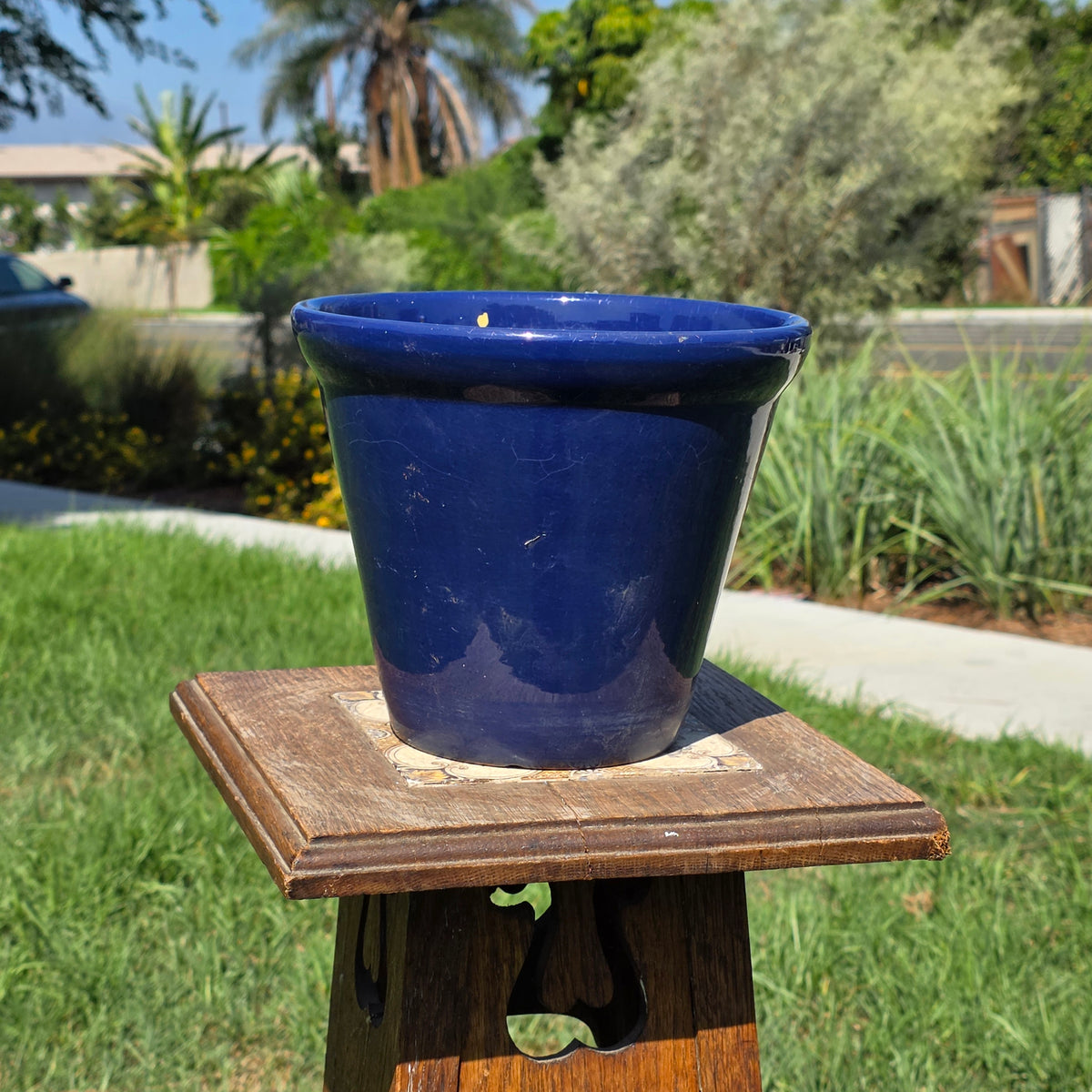 Vintage US Pottery Cobalt Blue Flower Pot Planter Ceramic Made in USA 8.5"