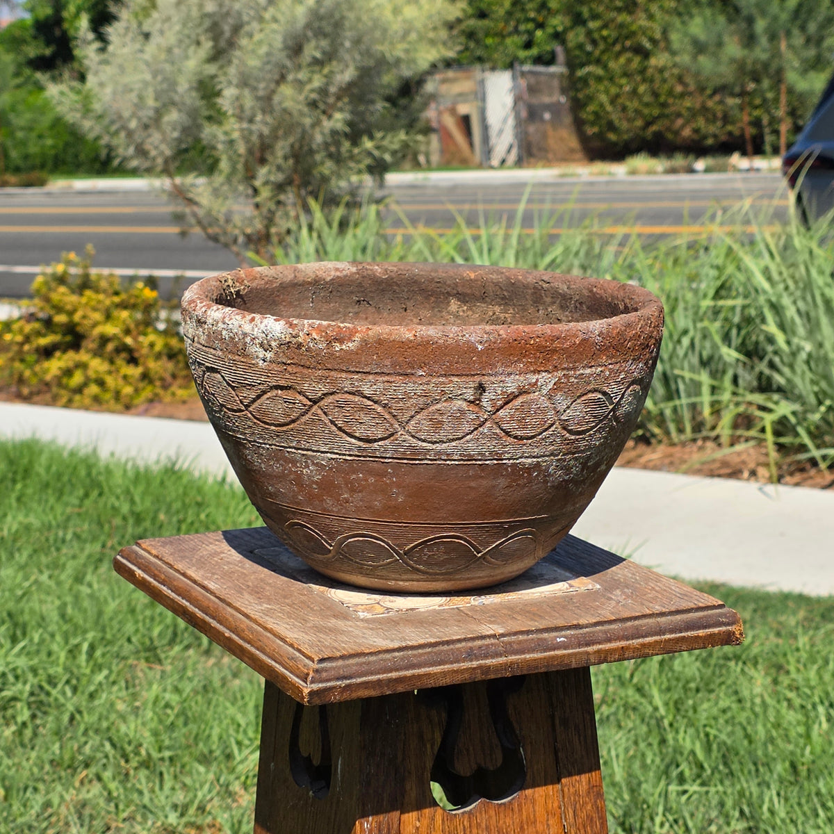 Vintage Terracotta Planter Primitive Hand Carved Geometric Wave Clay Pot 11"