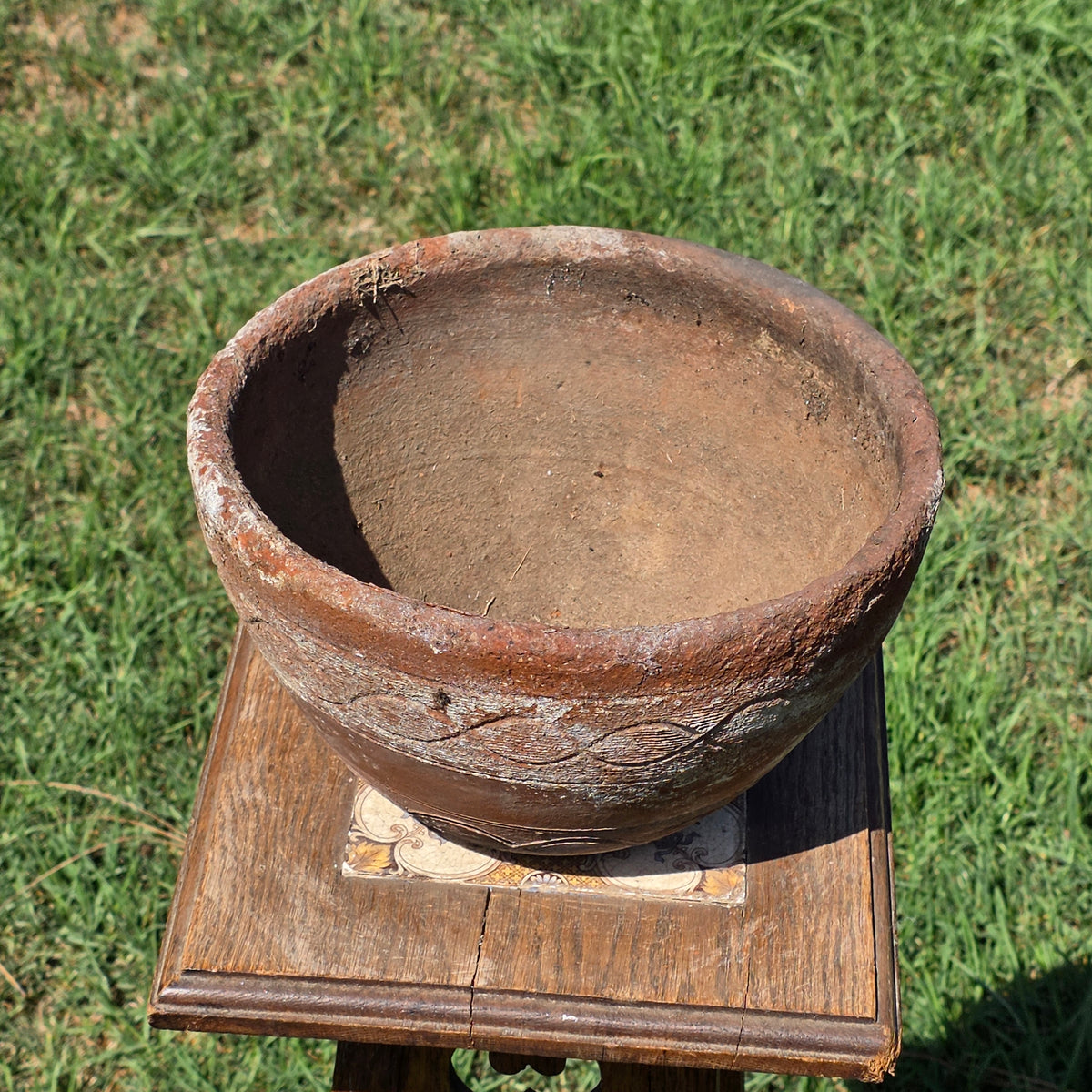 Vintage Terracotta Planter Primitive Hand Carved Geometric Wave Clay Pot 11"