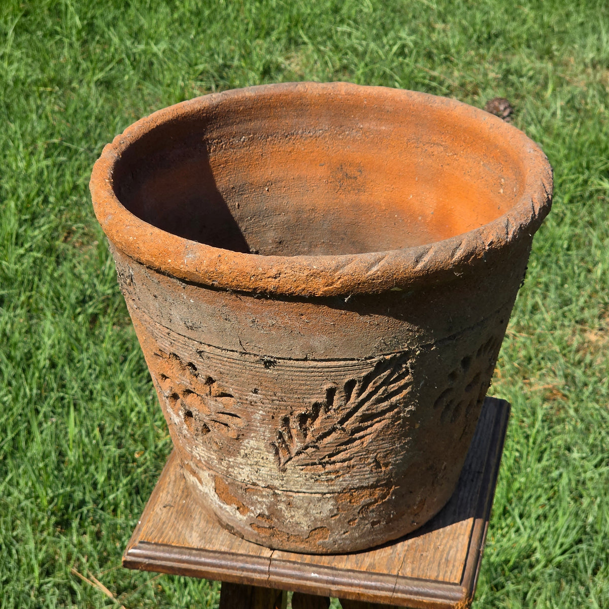 Vintage Mexico Terracotta Planter 13" Large Clay Flower Pot Rustic Sun Fern Leaf