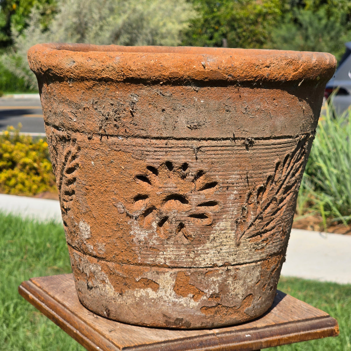 Vintage Mexico Terracotta Planter 13" Large Clay Flower Pot Rustic Sun Fern Leaf