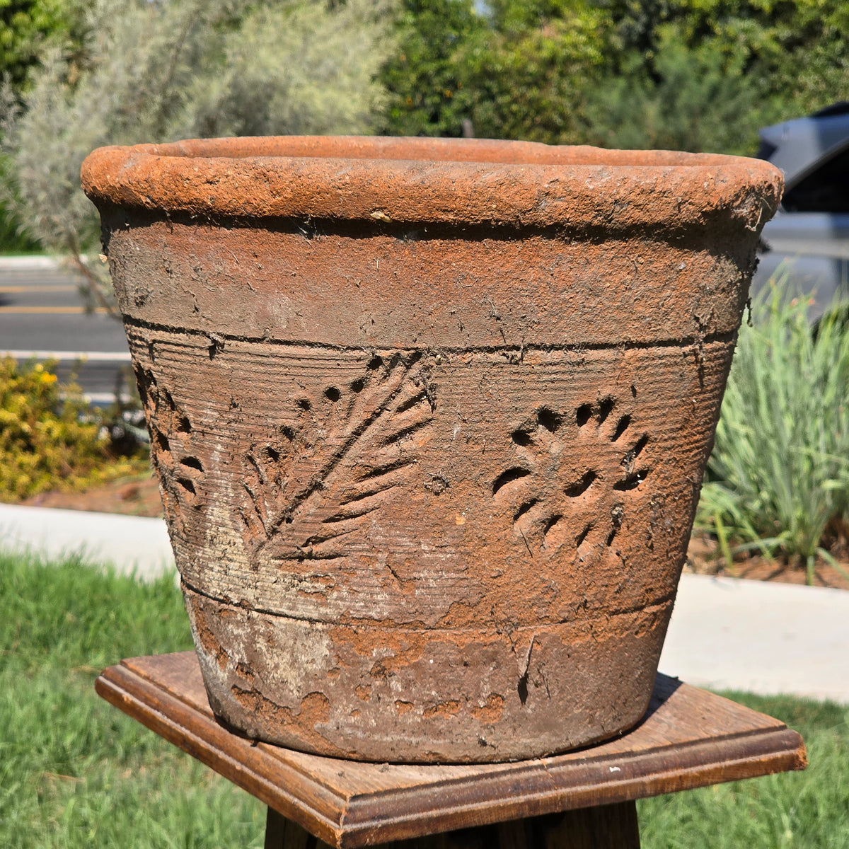 Vintage Mexico Terracotta Planter 13" Large Clay Flower Pot Rustic Sun Fern Leaf