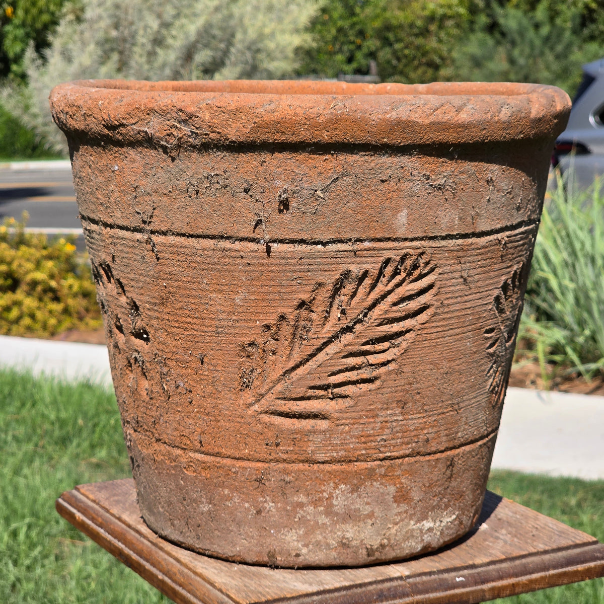 Vintage Mexico Terracotta Planter 13" Large Clay Flower Pot Rustic Sun Fern Leaf