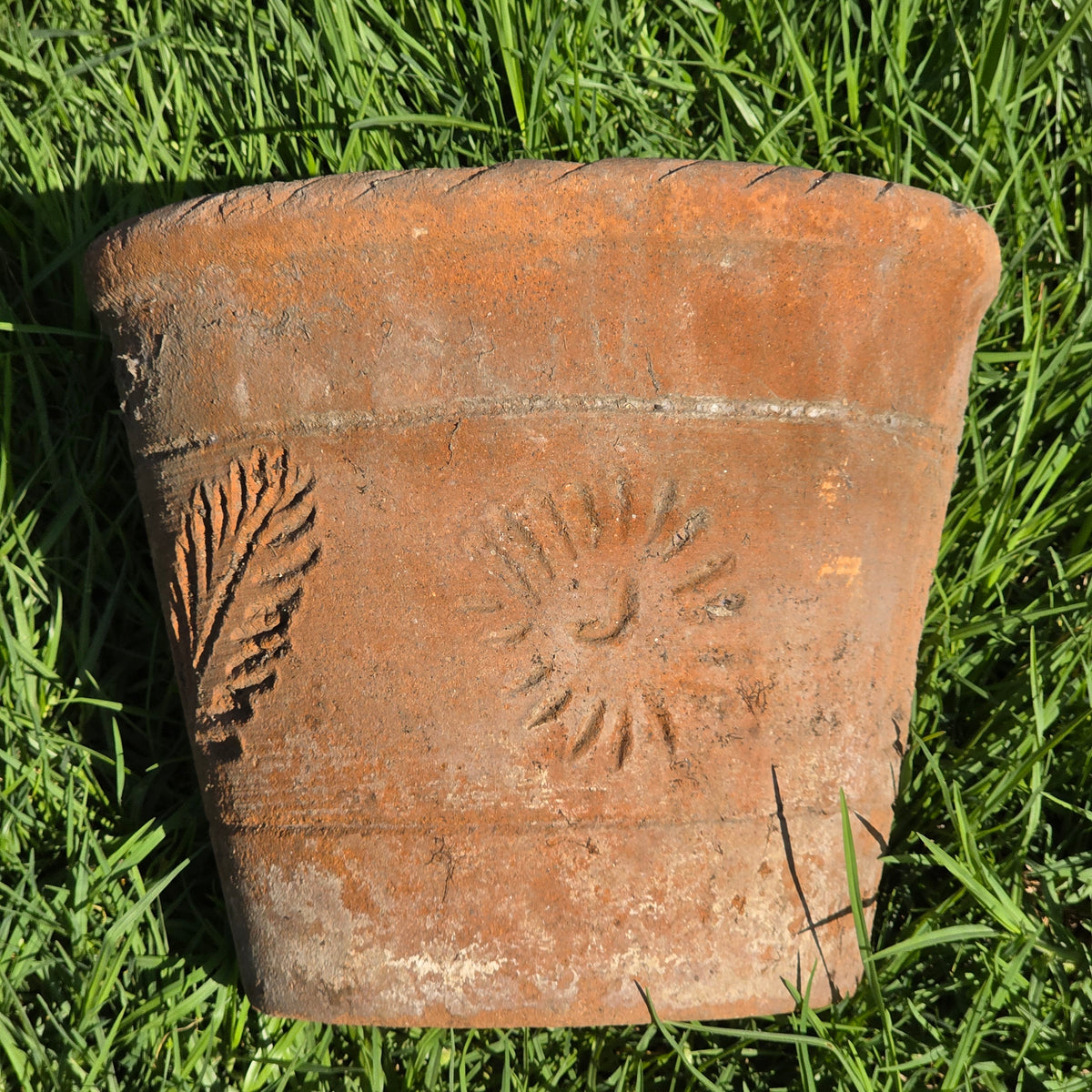 Vintage Mexico Terracotta Planter 13" Large Clay Flower Pot Rustic Sun Fern Leaf