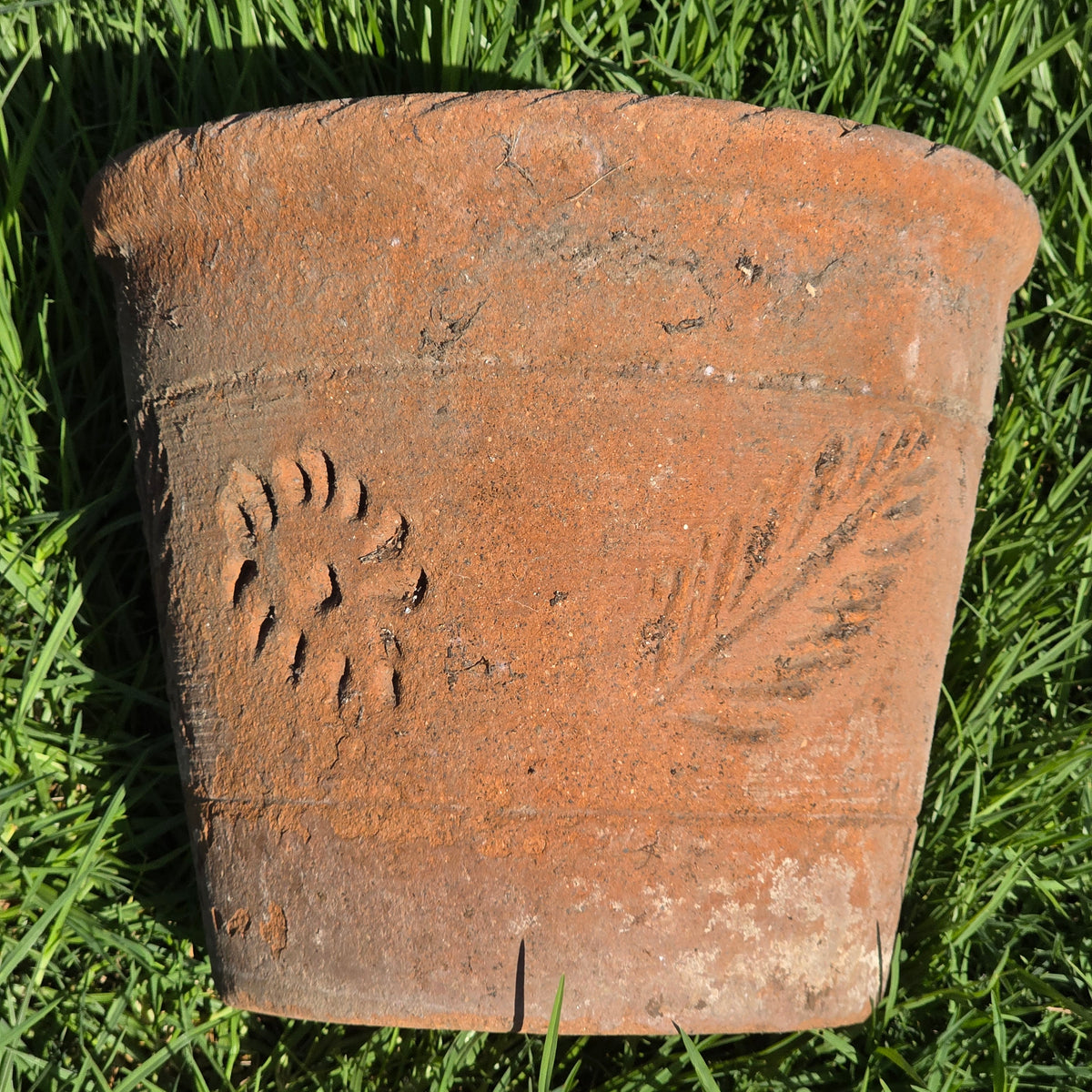 Vintage Mexico Terracotta Planter 13" Large Clay Flower Pot Rustic Sun Fern Leaf