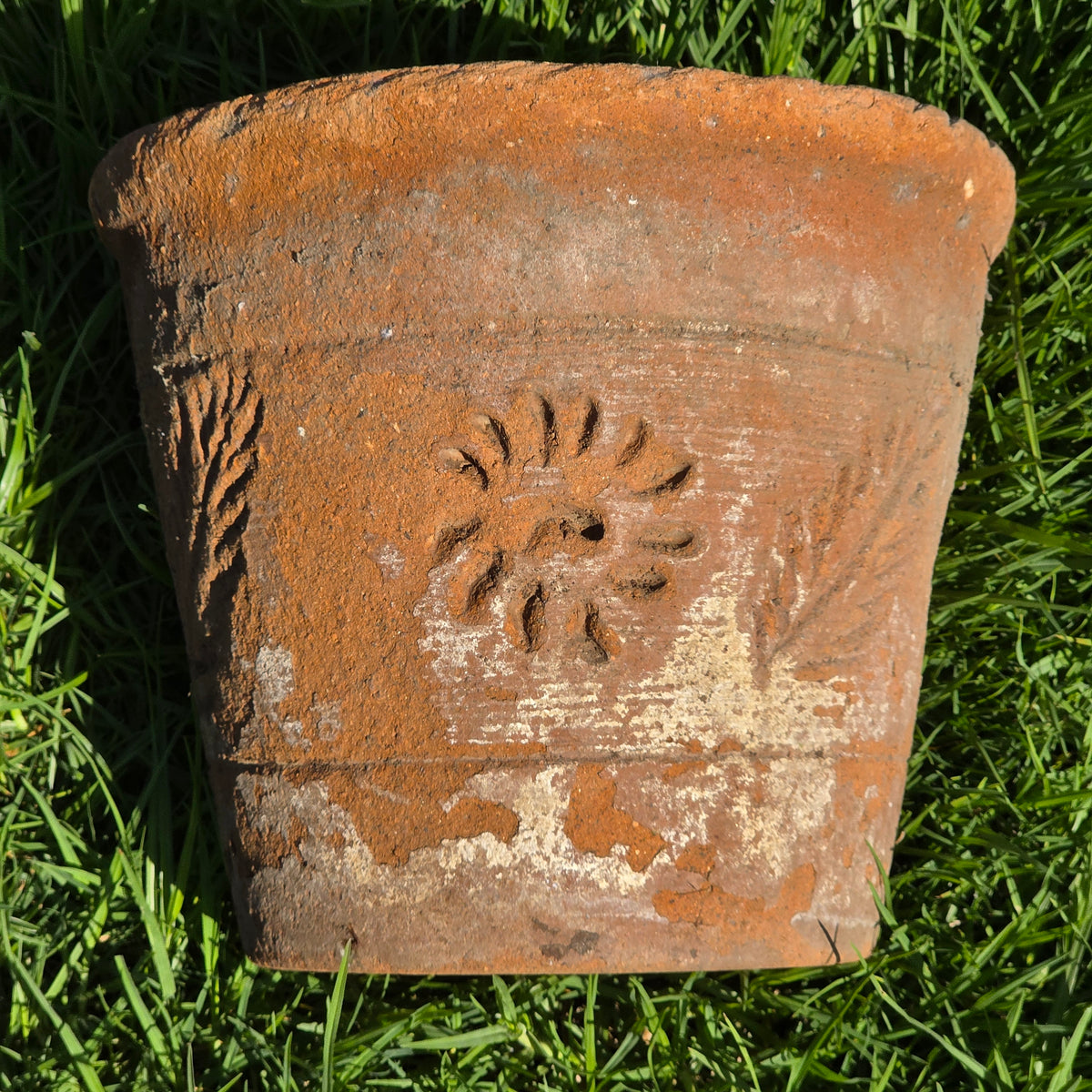 Vintage Mexico Terracotta Planter 13" Large Clay Flower Pot Rustic Sun Fern Leaf