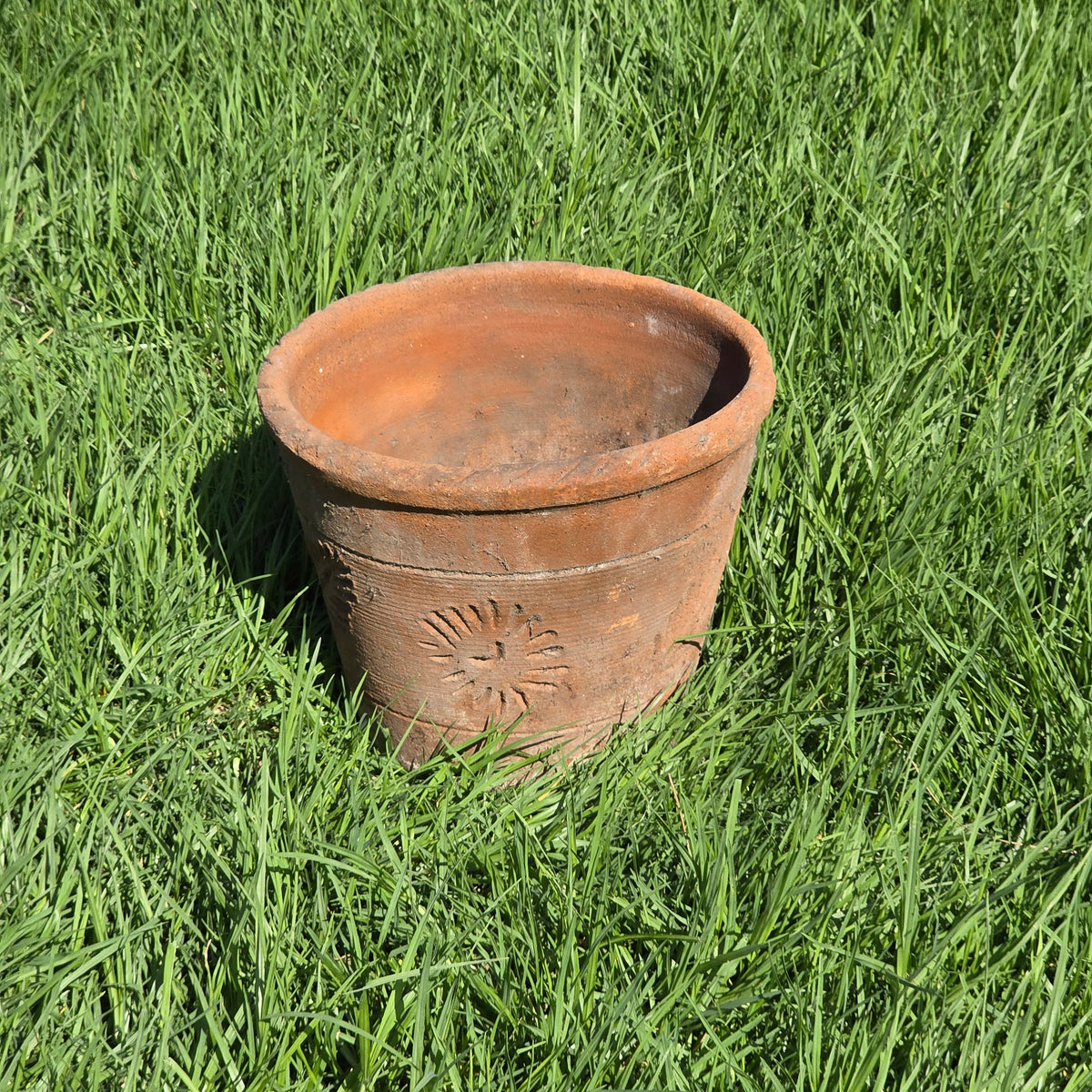 Vintage Mexico Terracotta Planter 13" Large Clay Flower Pot Rustic Sun Fern Leaf