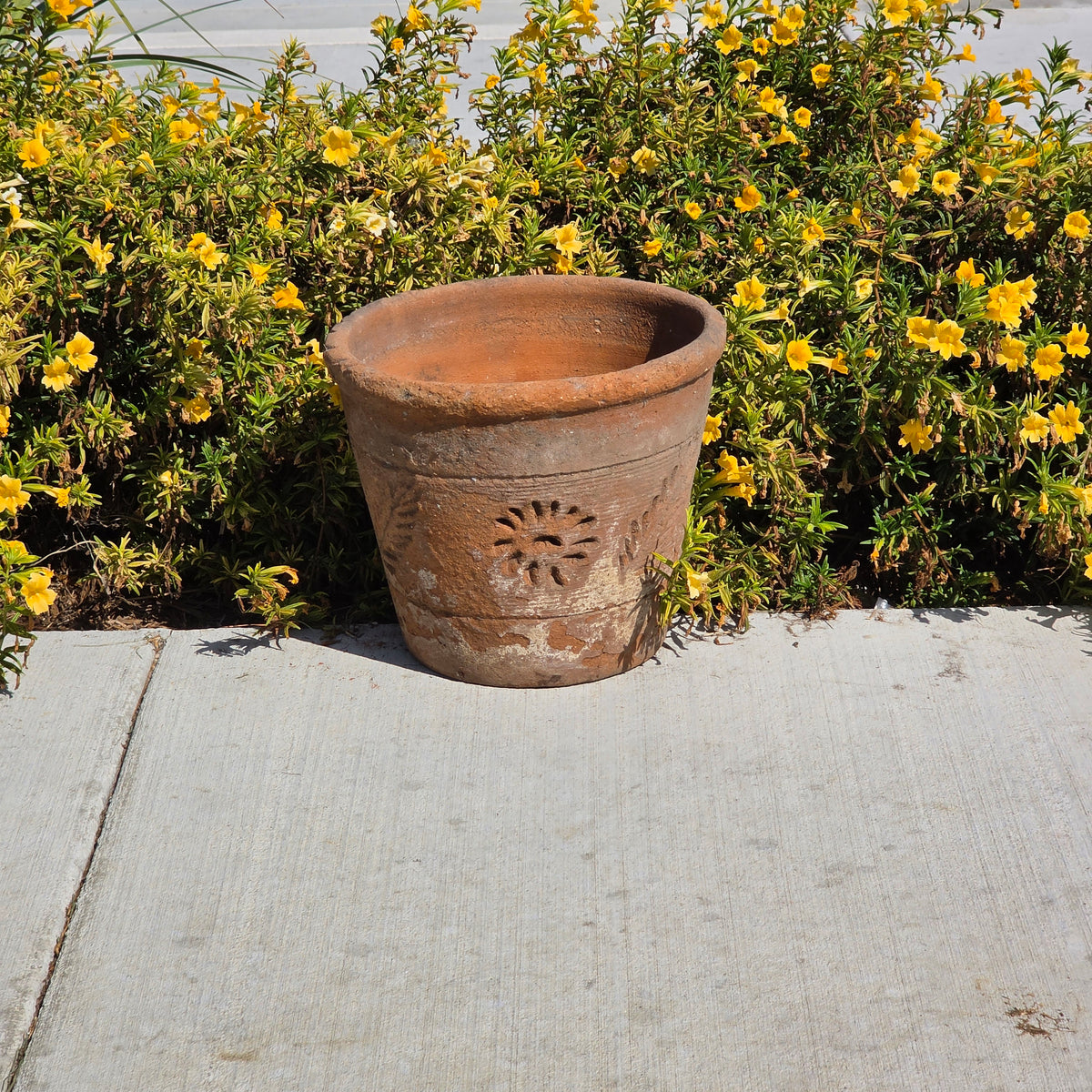 Vintage Mexico Terracotta Planter 13" Large Clay Flower Pot Rustic Sun Fern Leaf
