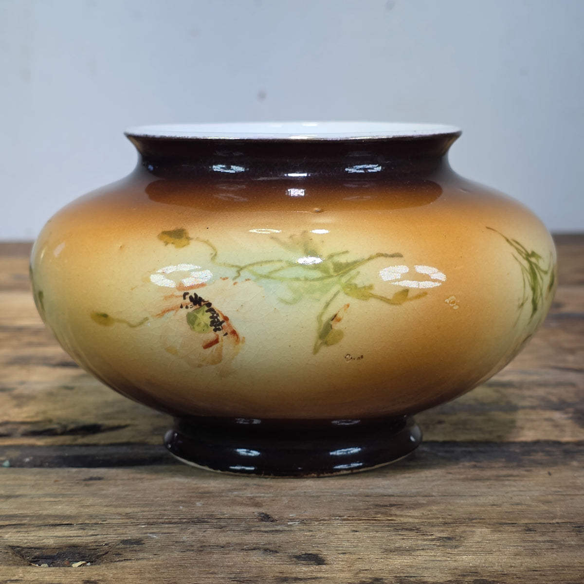 Antique Warwick China IOGA Vase Bowl Floral Brown Art Nouveau Pottery 1900s 6”
