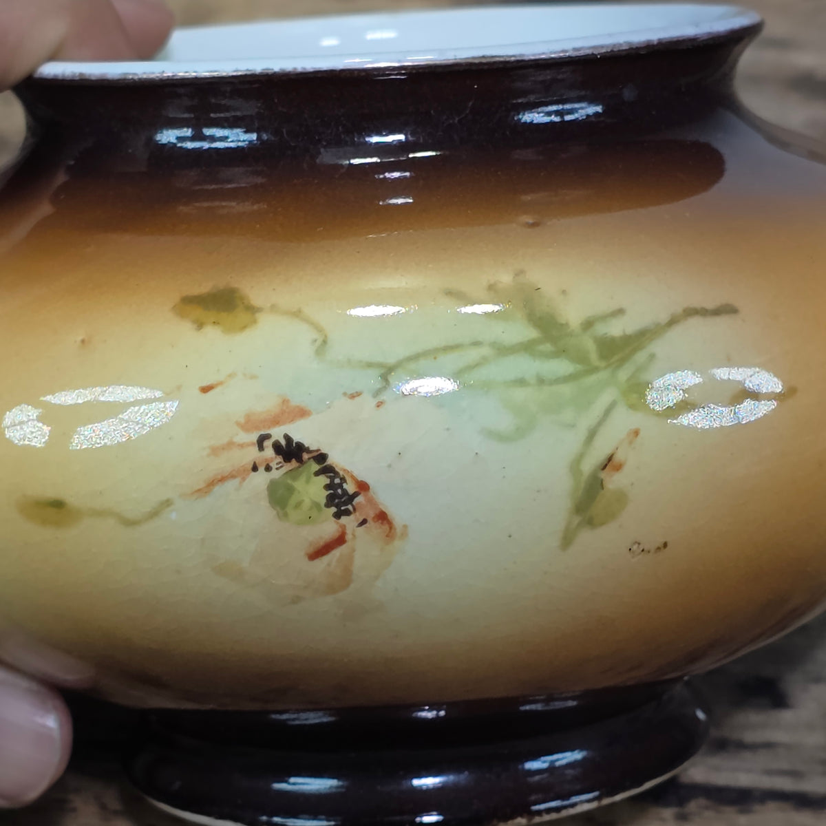 Antique Warwick China IOGA Vase Bowl Floral Brown Art Nouveau Pottery 1900s 6”