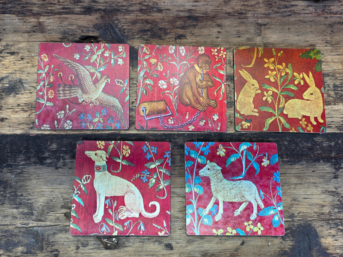 Vintage Lady and the Unicorn Tapestry Coasters Set of 5 Melamine Green Felt Back
