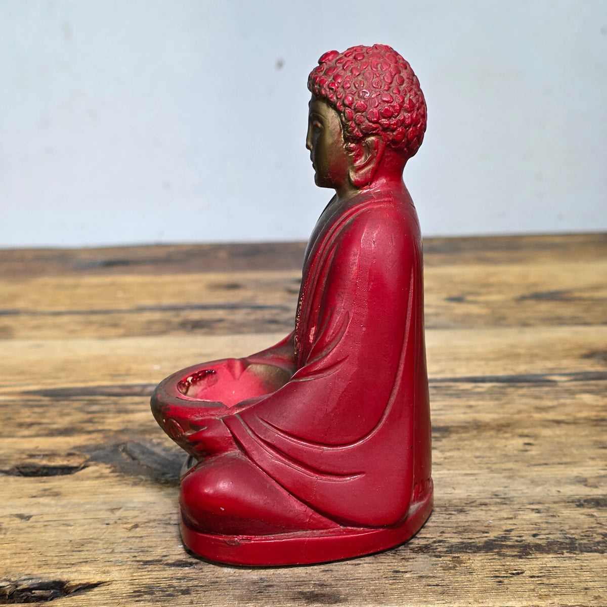 Vintage 1939 Chalkware Buddha Incense Burner Seated Red Gold Figurine Bowl USA