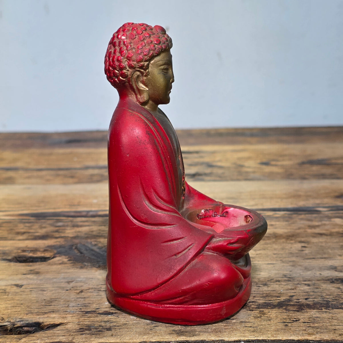 Vintage 1939 Chalkware Buddha Incense Burner Seated Red Gold Figurine Bowl USA