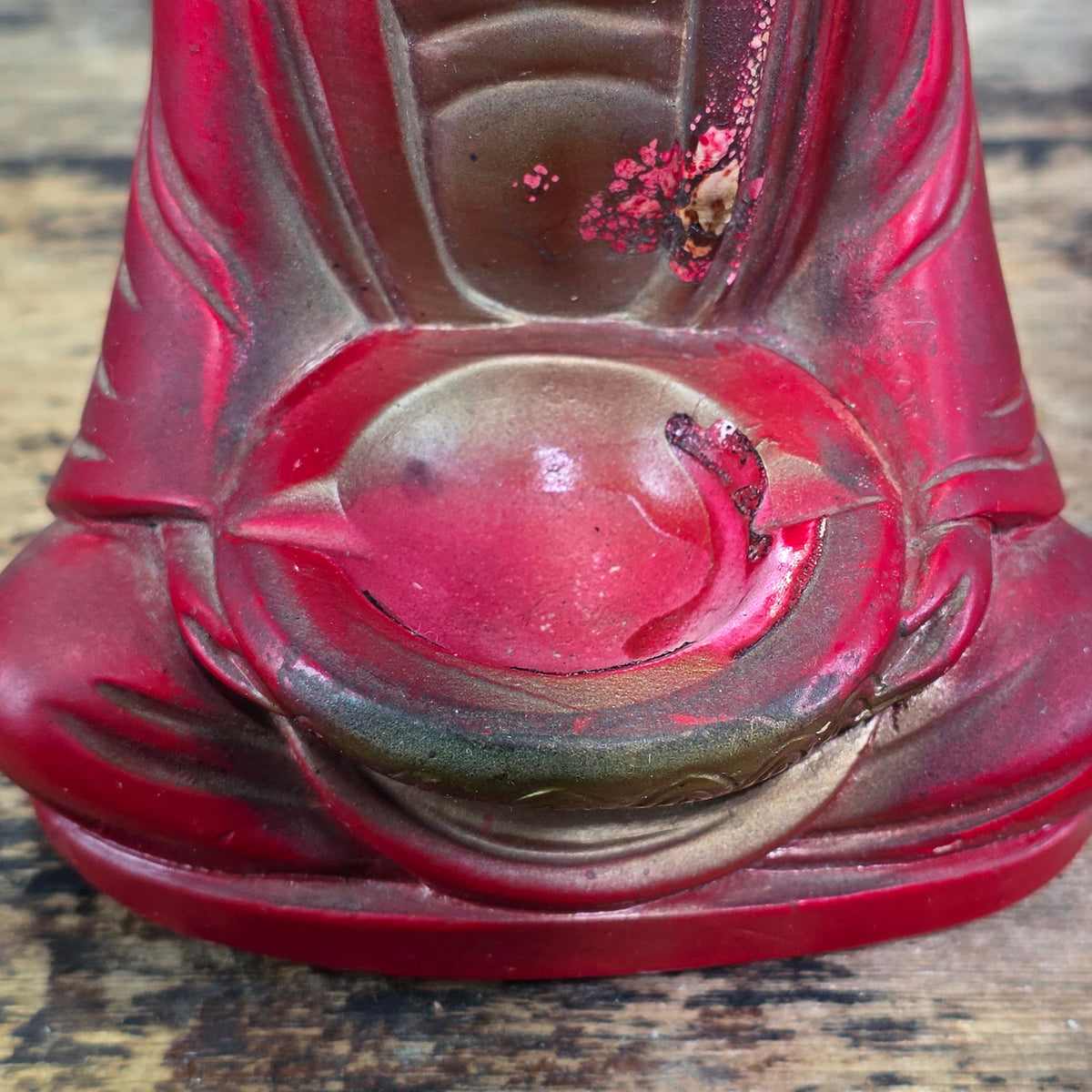 Vintage 1939 Chalkware Buddha Incense Burner Seated Red Gold Figurine Bowl USA