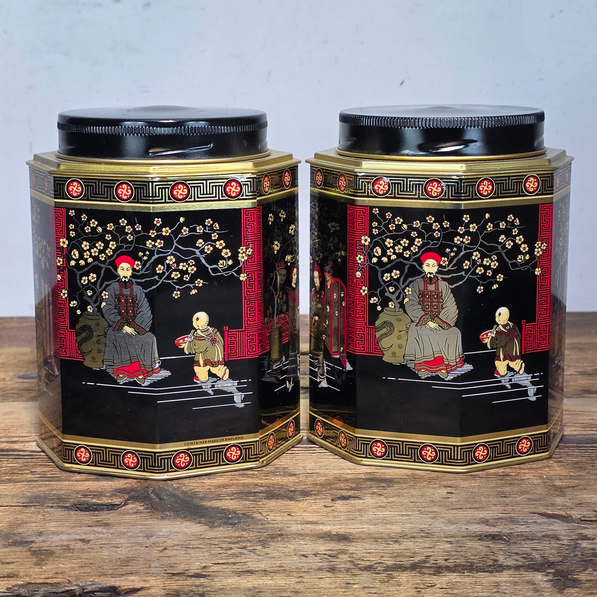 Vtg MTM Elite Chinoiserie Tea Tin Octagon Canister Made in England Black Pair
