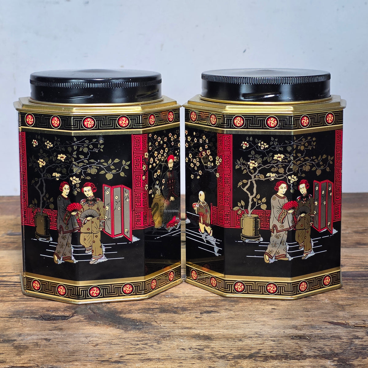 Vtg MTM Elite Chinoiserie Tea Tin Octagon Canister Made in England Black Pair