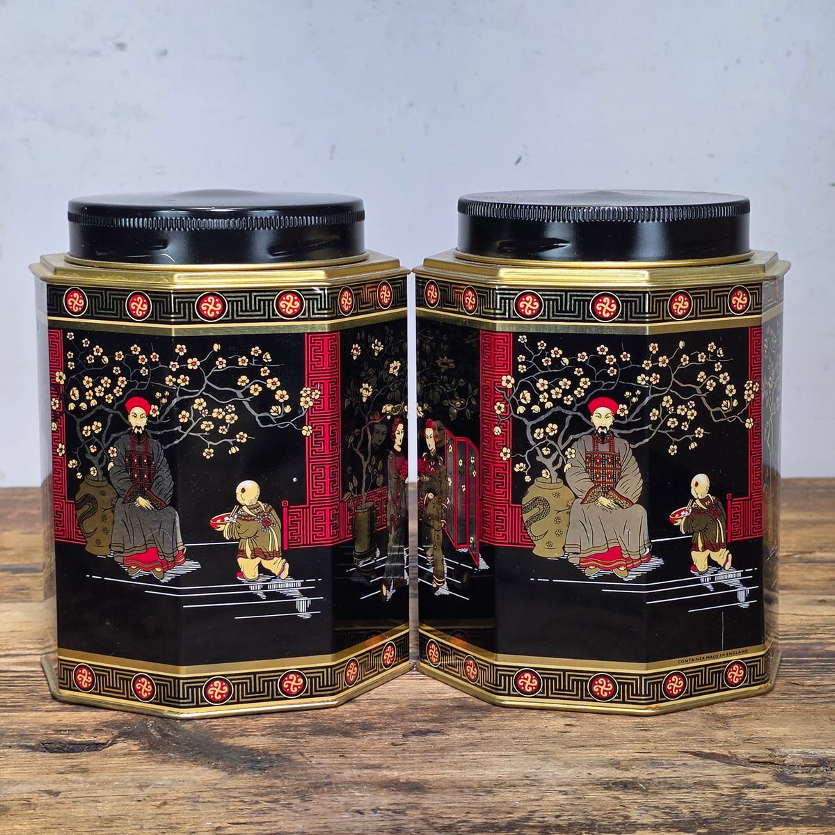 Vtg MTM Elite Chinoiserie Tea Tin Octagon Canister Made in England Black Pair