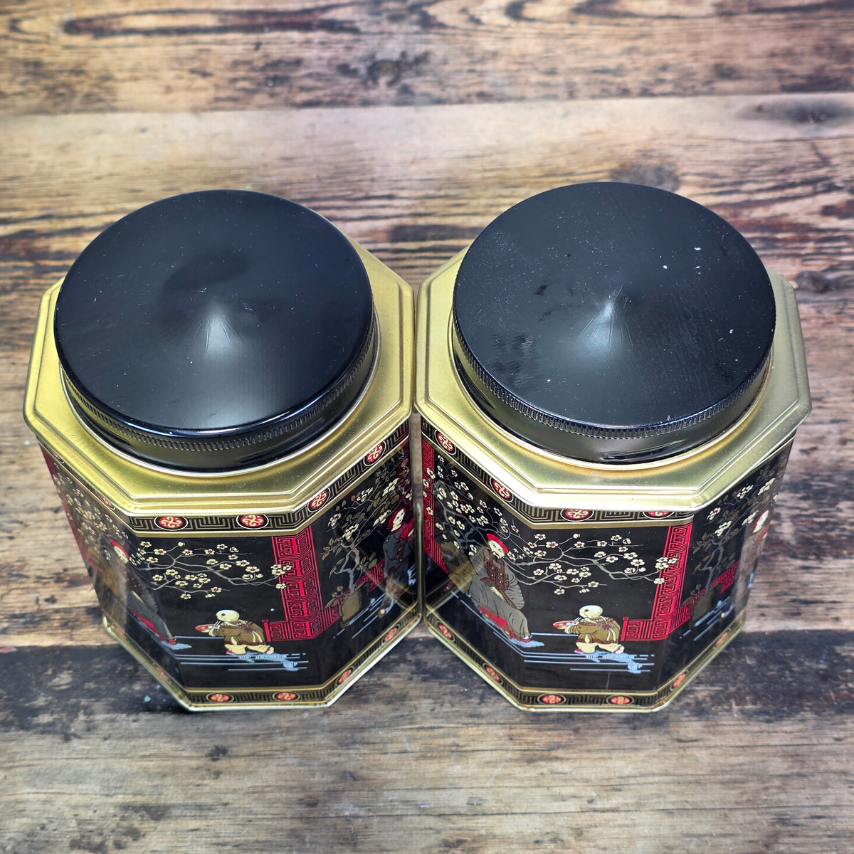 Vtg MTM Elite Chinoiserie Tea Tin Octagon Canister Made in England Black Pair