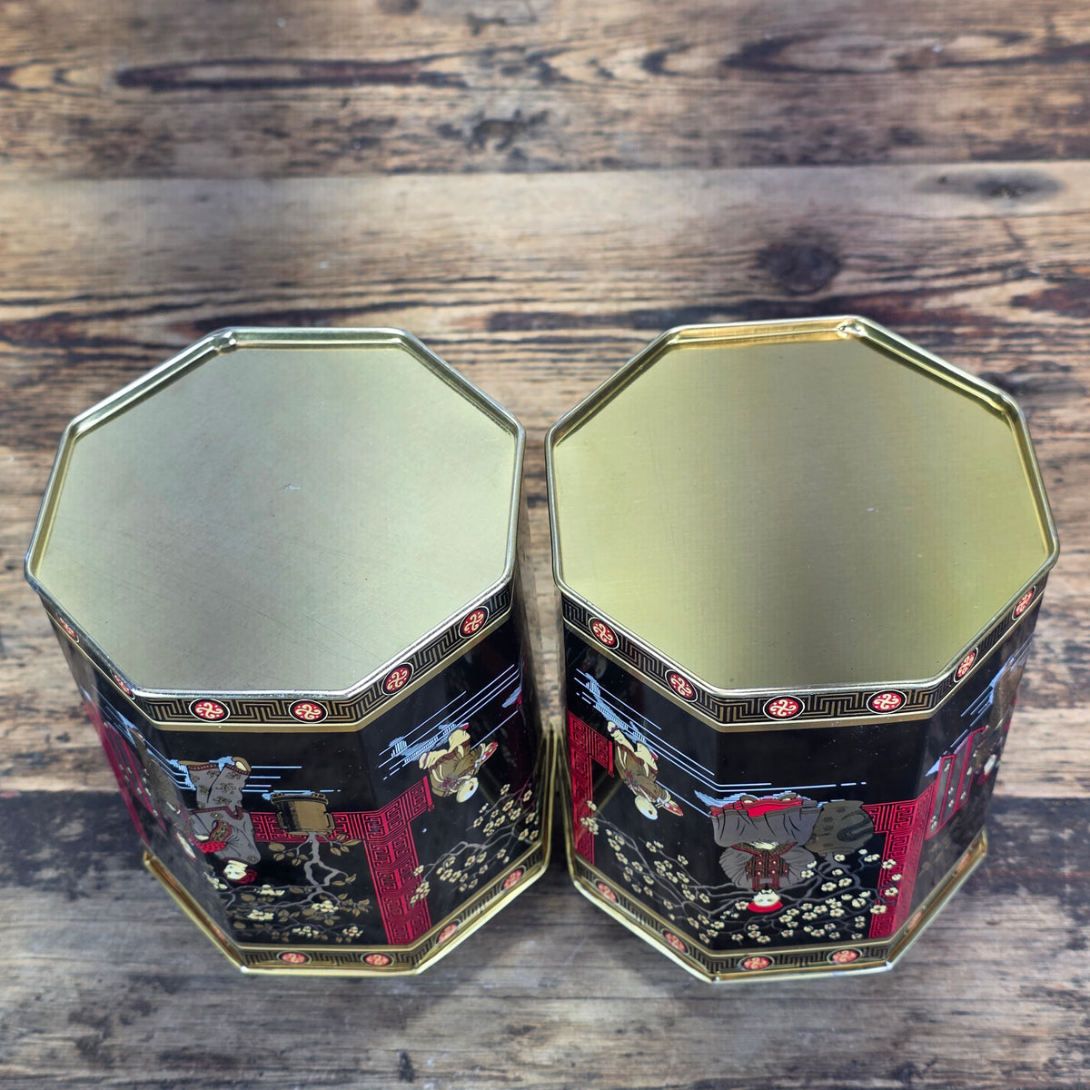 Vtg MTM Elite Chinoiserie Tea Tin Octagon Canister Made in England Black Pair
