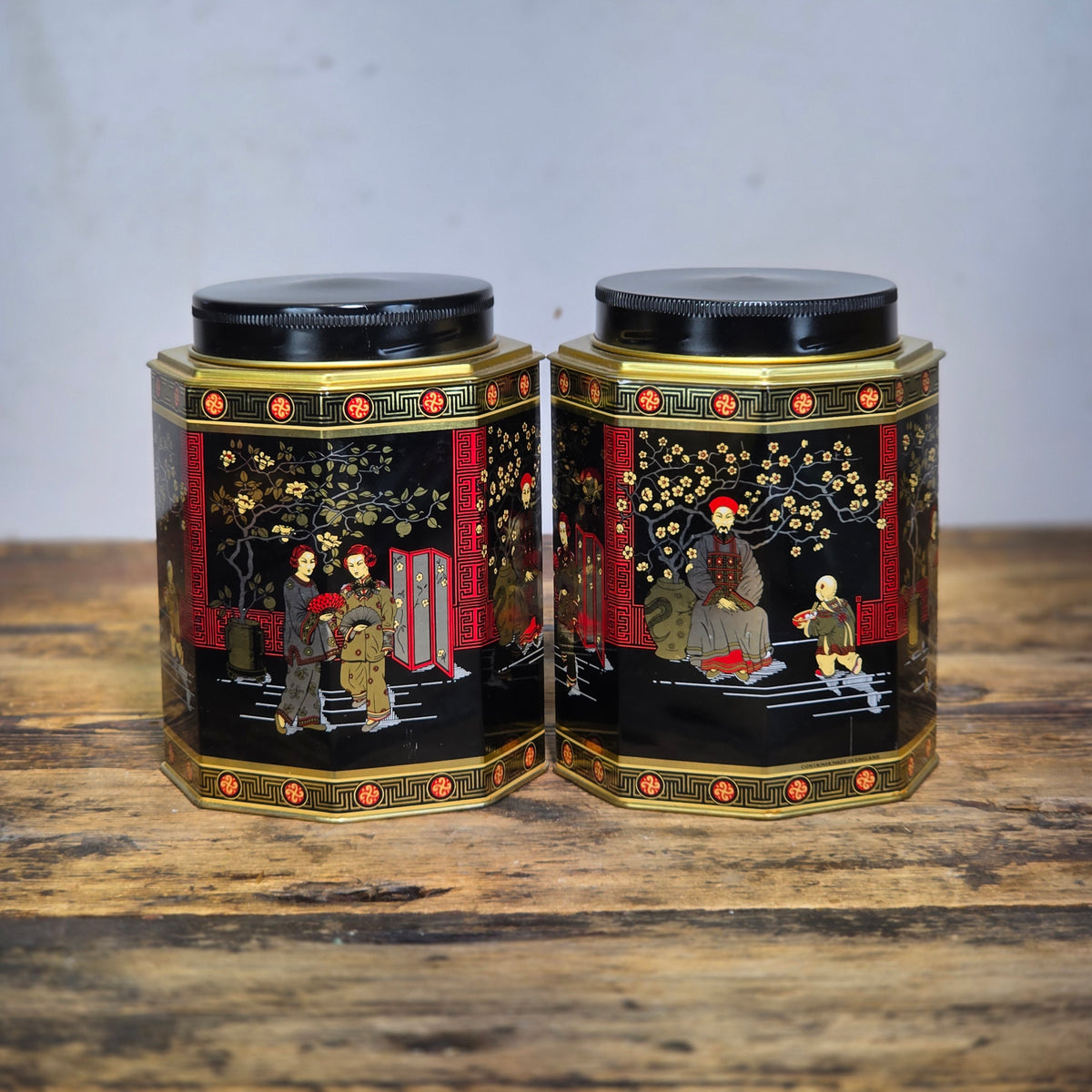 Vtg MTM Elite Chinoiserie Tea Tin Octagon Canister Made in England Black Pair