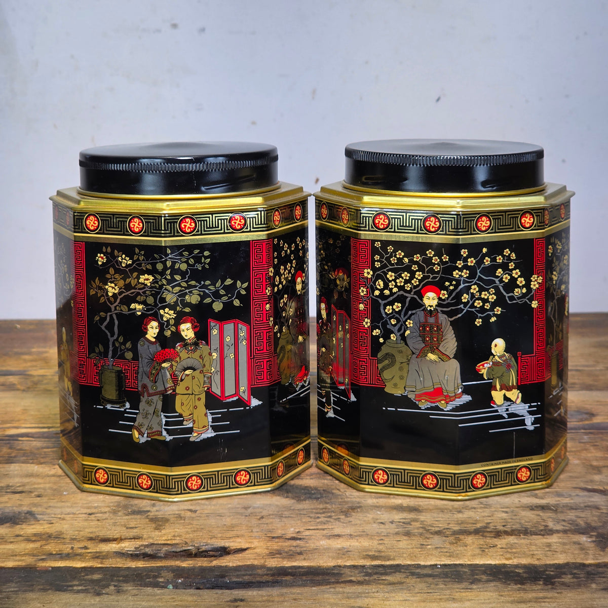 Vtg MTM Elite Chinoiserie Tea Tin Octagon Canister Made in England Black Pair