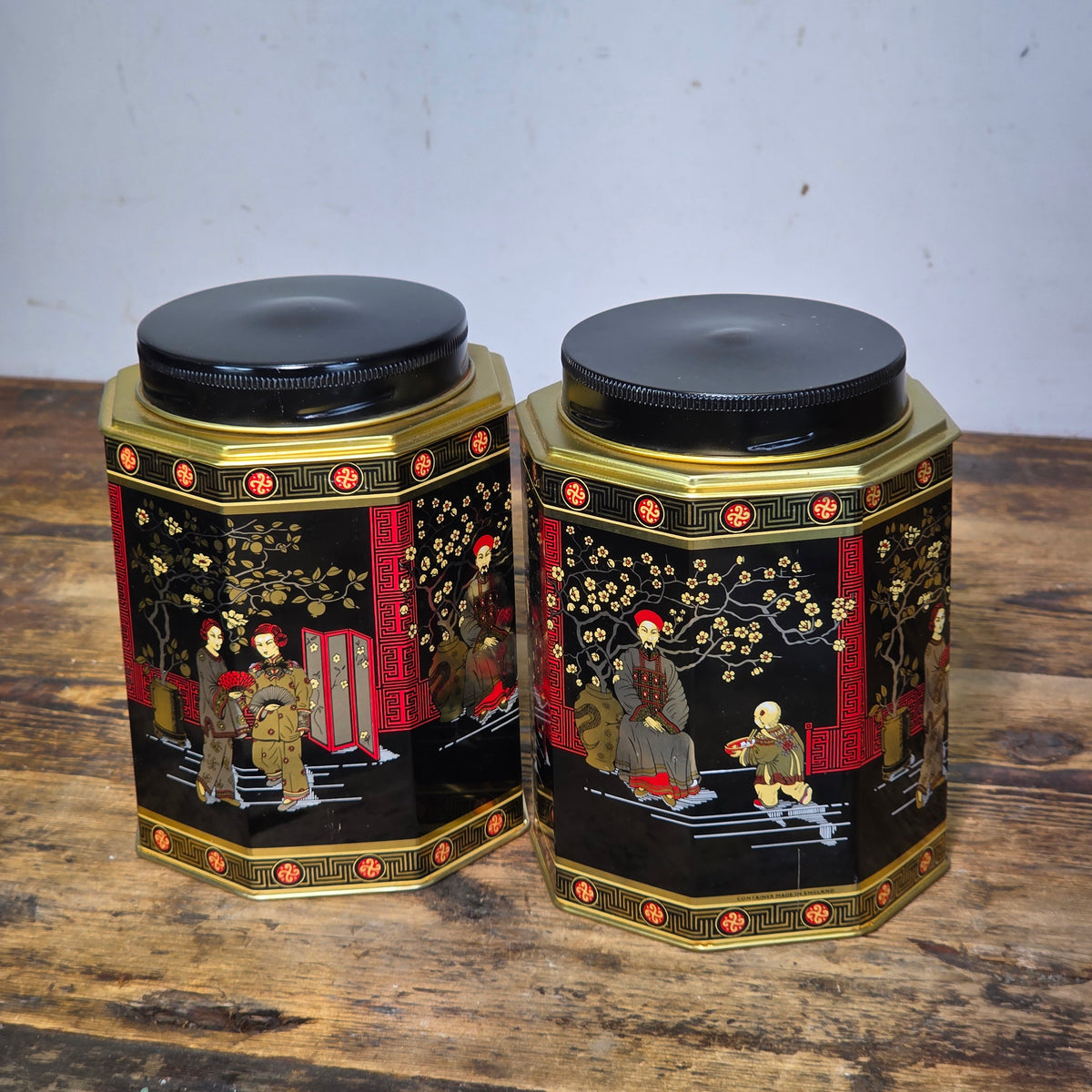 Vtg MTM Elite Chinoiserie Tea Tin Octagon Canister Made in England Black Pair