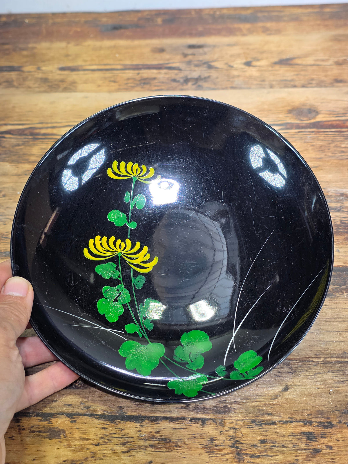 Vtg Japanese Lacquerware Plates Set 2 Black Gold Chrysanthemum Orange MCM Fish