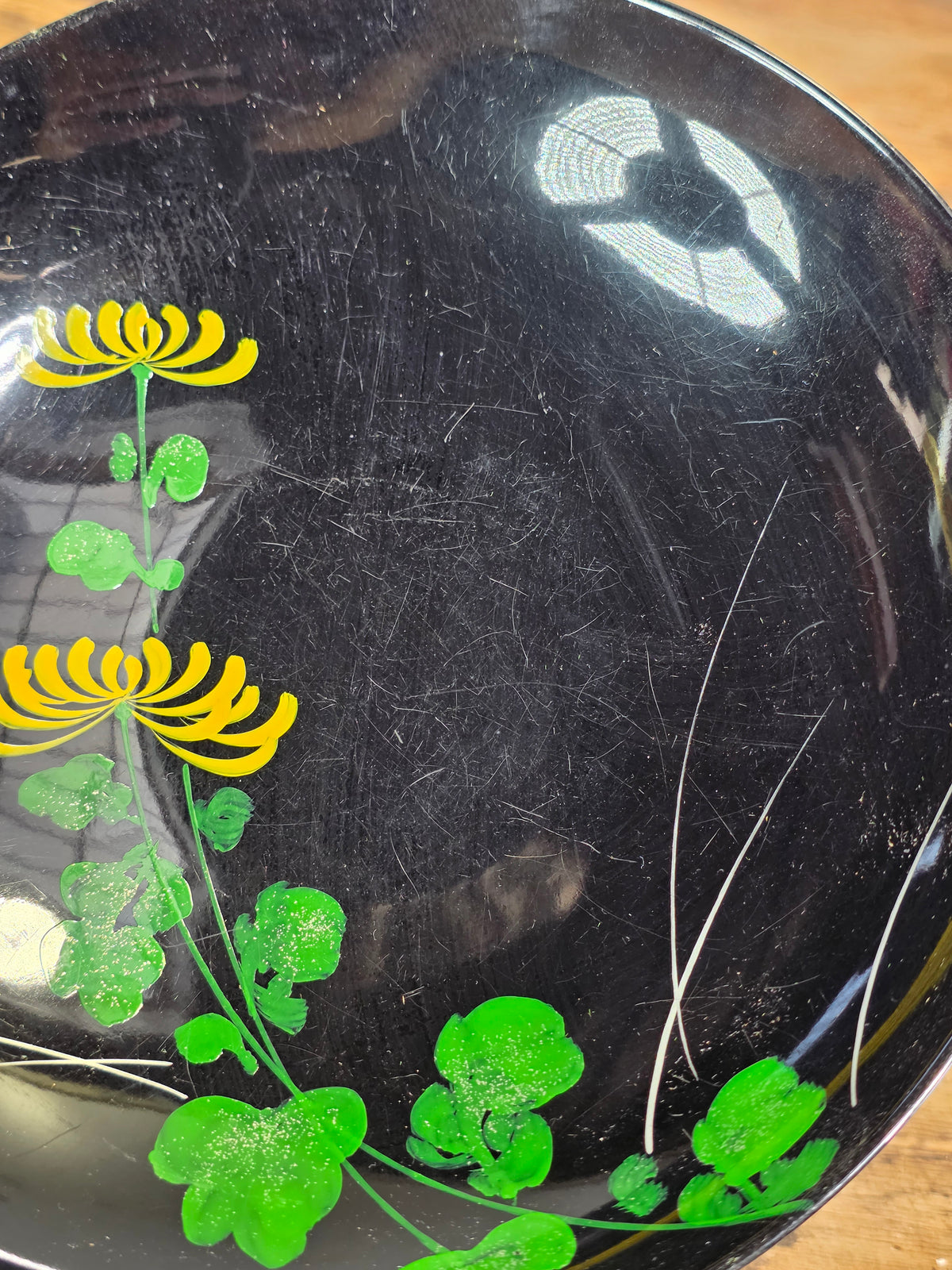 Vtg Japanese Lacquerware Plates Set 2 Black Gold Chrysanthemum Orange MCM Fish