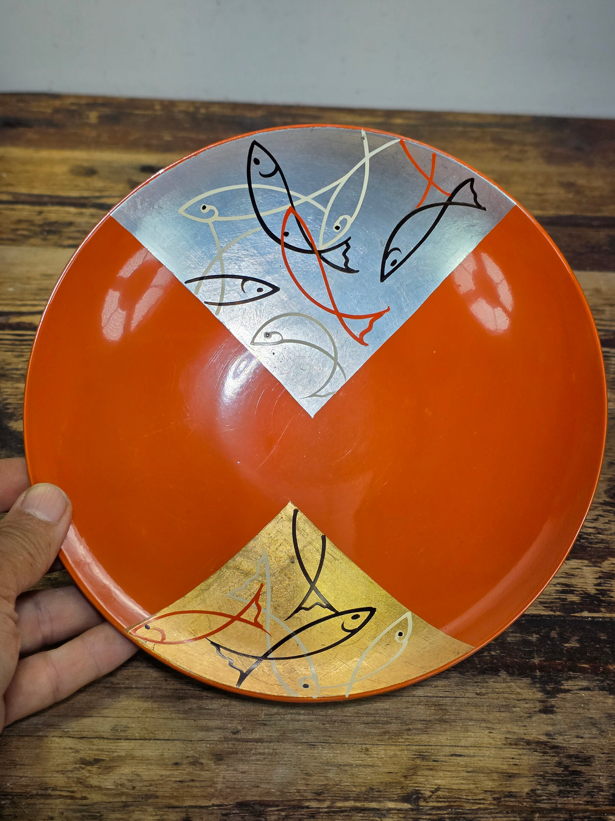 Vtg Japanese Lacquerware Plates Set 2 Black Gold Chrysanthemum Orange MCM Fish
