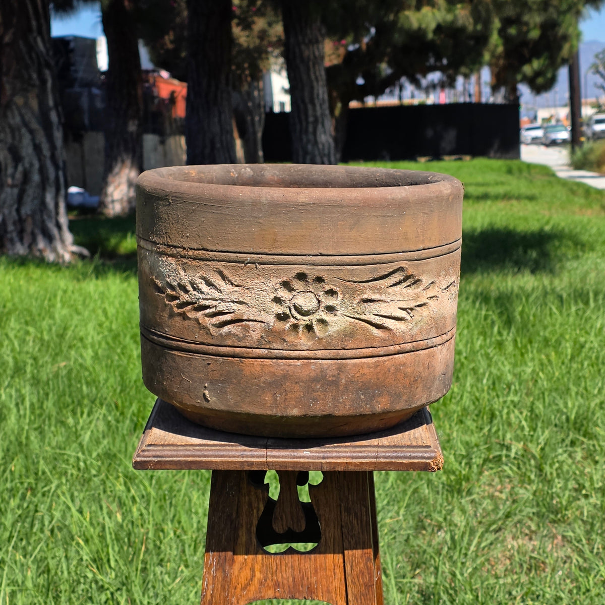 Vtg Terracotta Cylinder Planter Floral Garland Swag Rustic Clay Garden Pot 12"