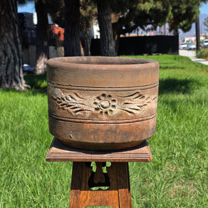Vtg Terracotta Cylinder Planter Floral Garland Swag Rustic Clay Garden Pot 12"