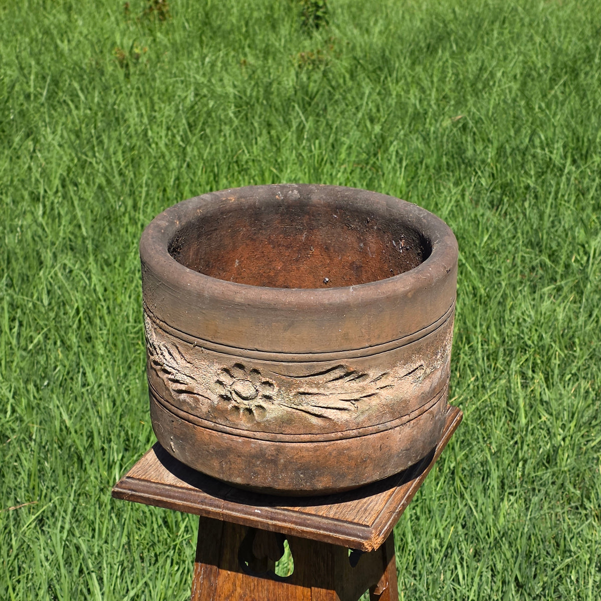 Vtg Terracotta Cylinder Planter Floral Garland Swag Rustic Clay Garden Pot 12"