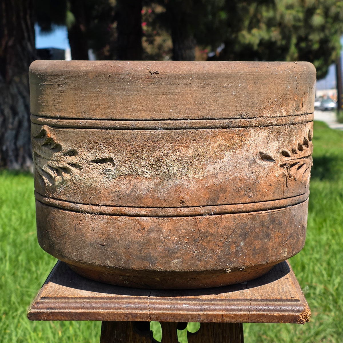 Vtg Terracotta Cylinder Planter Floral Garland Swag Rustic Clay Garden Pot 12"