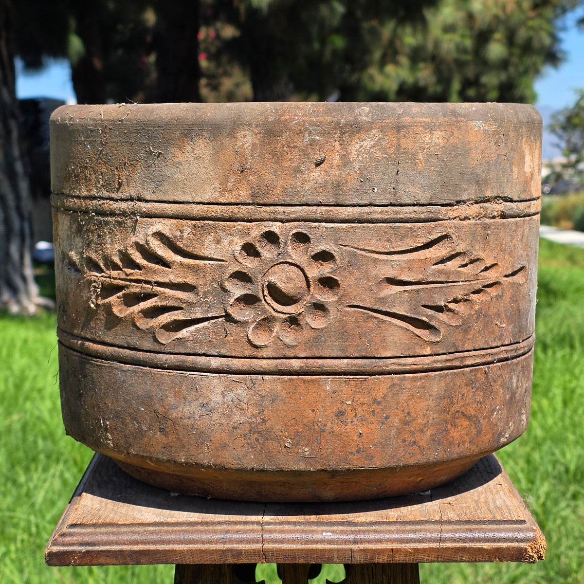 Vtg Terracotta Cylinder Planter Floral Garland Swag Rustic Clay Garden Pot 12"
