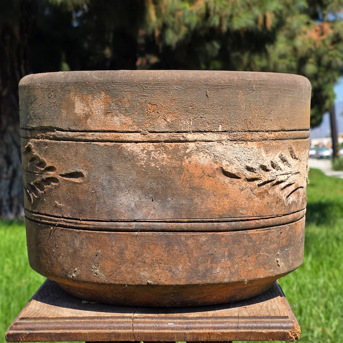 Vtg Terracotta Cylinder Planter Floral Garland Swag Rustic Clay Garden Pot 12"