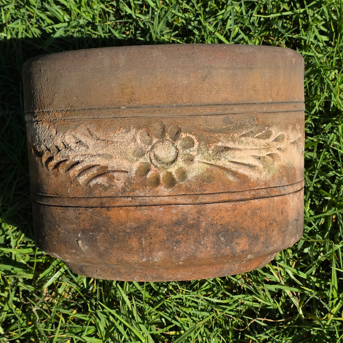 Vtg Terracotta Cylinder Planter Floral Garland Swag Rustic Clay Garden Pot 12"