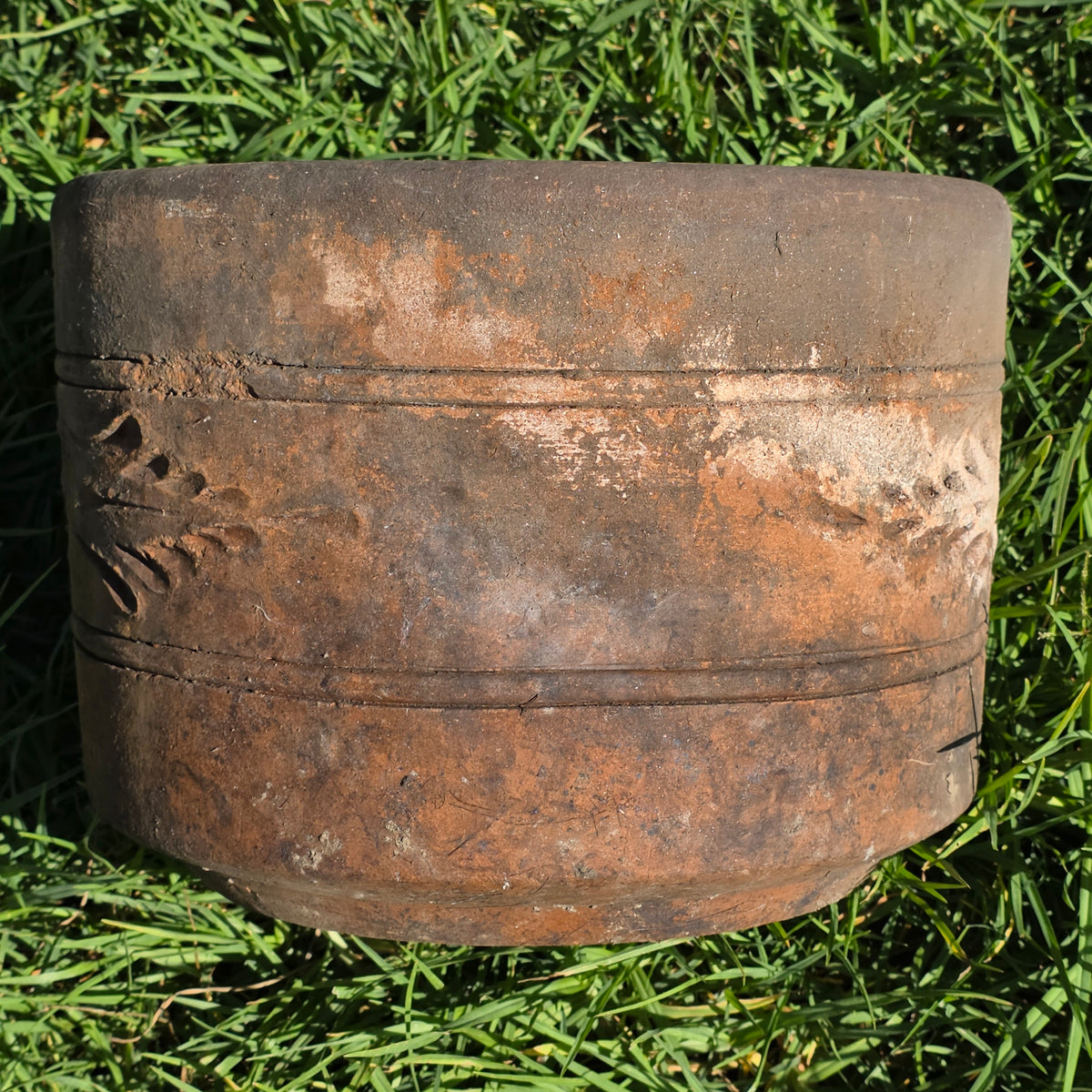 Vtg Terracotta Cylinder Planter Floral Garland Swag Rustic Clay Garden Pot 12"