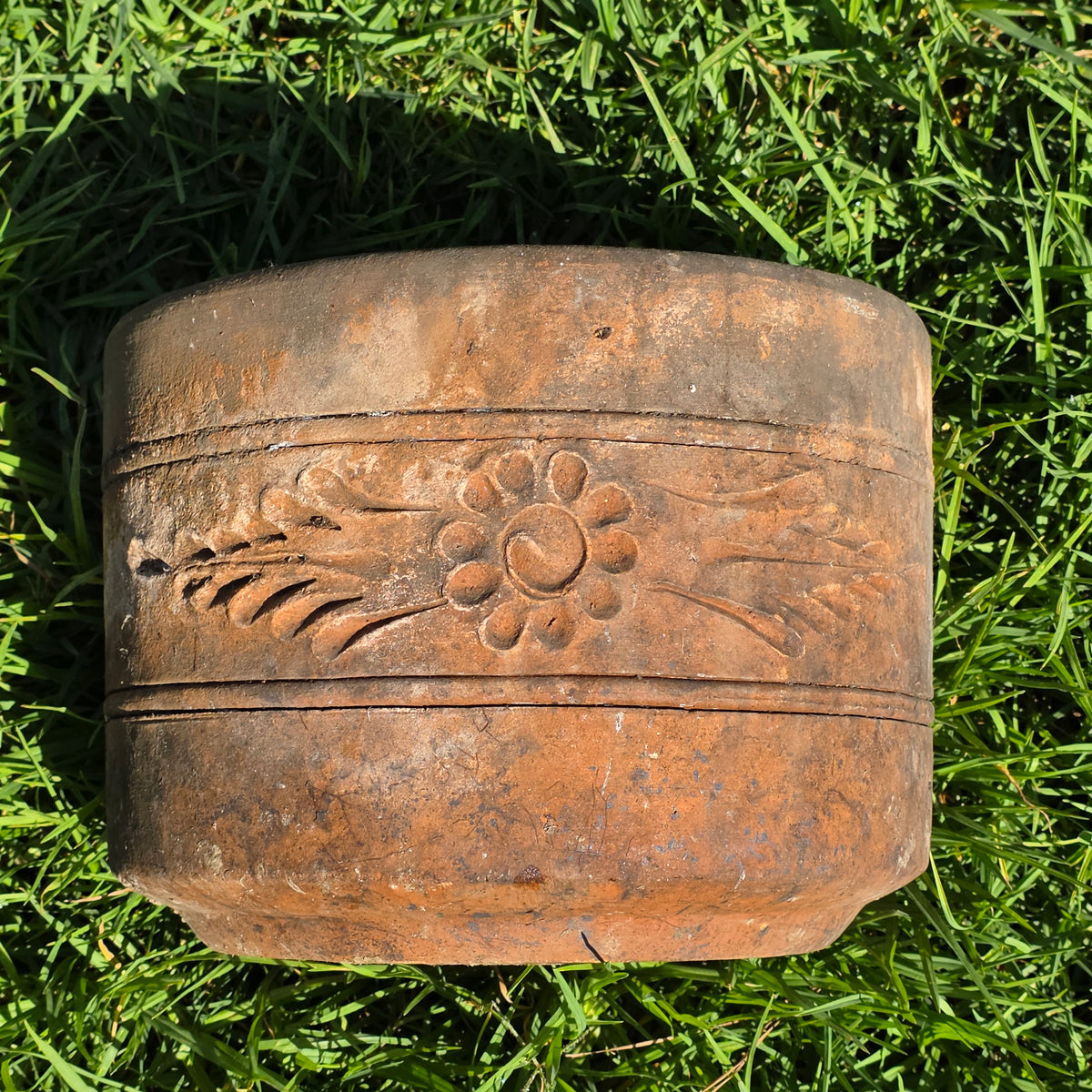 Vtg Terracotta Cylinder Planter Floral Garland Swag Rustic Clay Garden Pot 12"